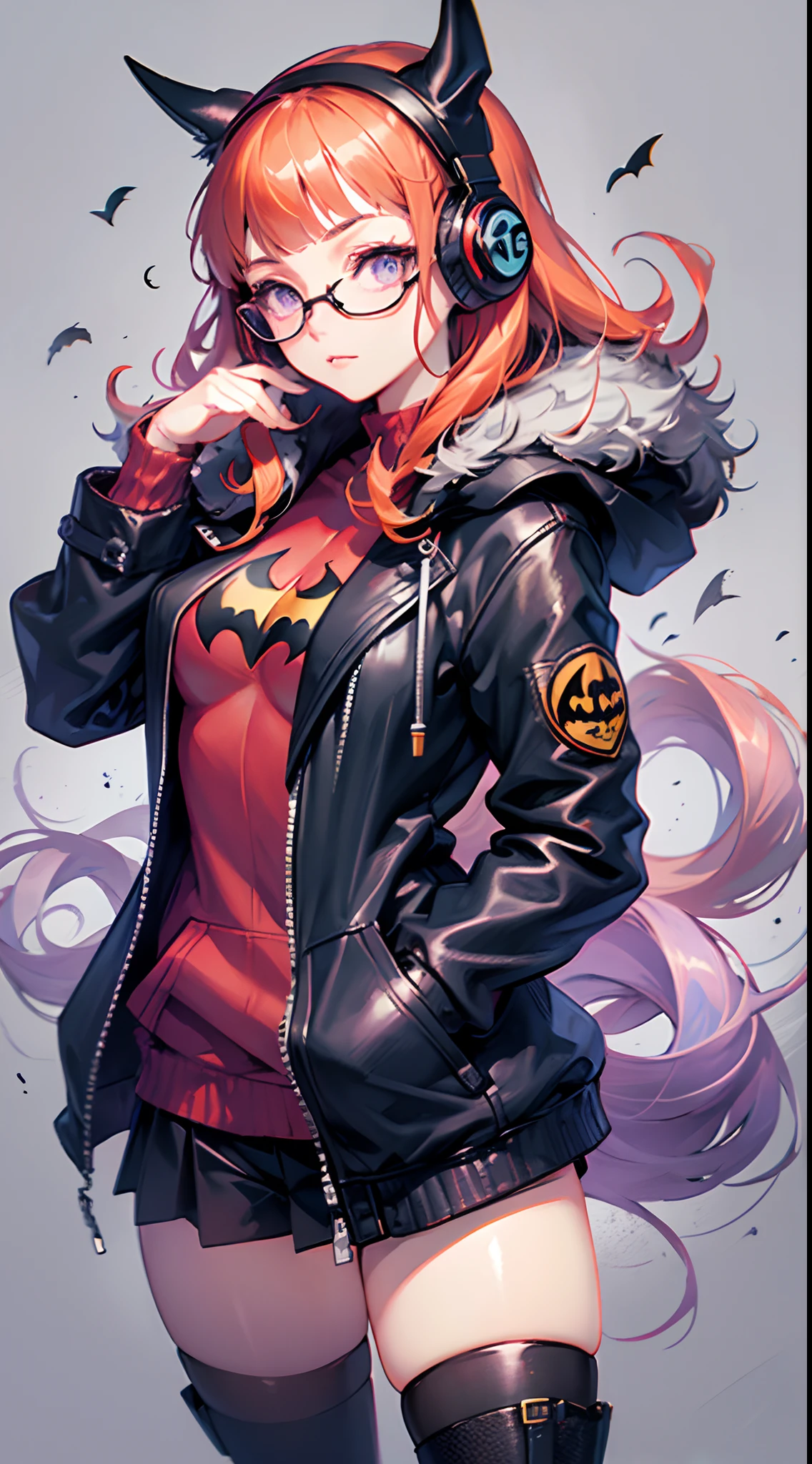 Batgirl, Persona 5, Futaba ,(masterpiece, best quality:1.1), ghibli style, red and blak colors, long_orange_hair, purple eyes, hair_bands, glasses, black and red headphone, coat and hoodie and fur, solo,free style