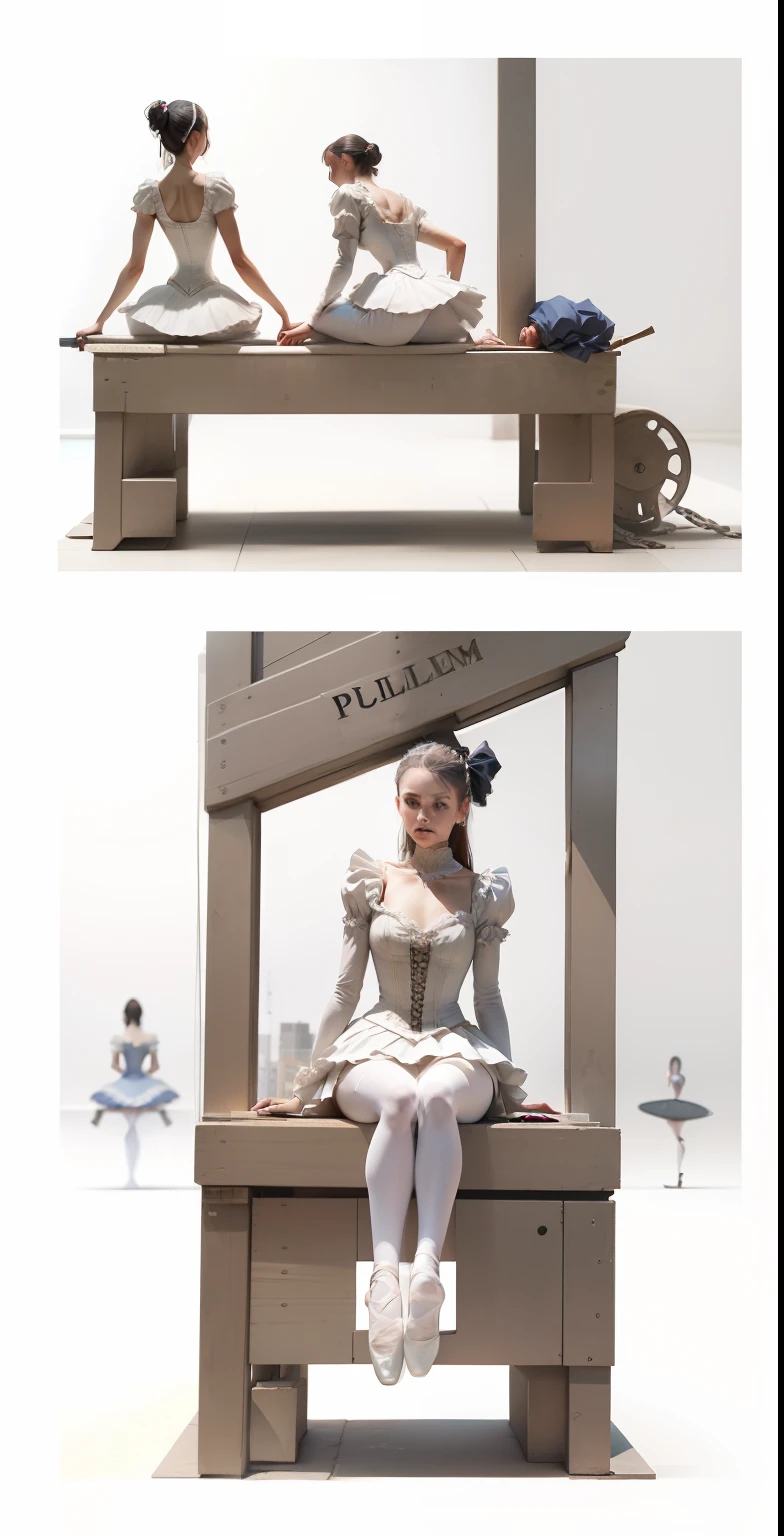 Female ballerinas sitting on the guillotine,Put your feet in the flail of the guillotine,Wait for the guillotine to fall and cut off the feet