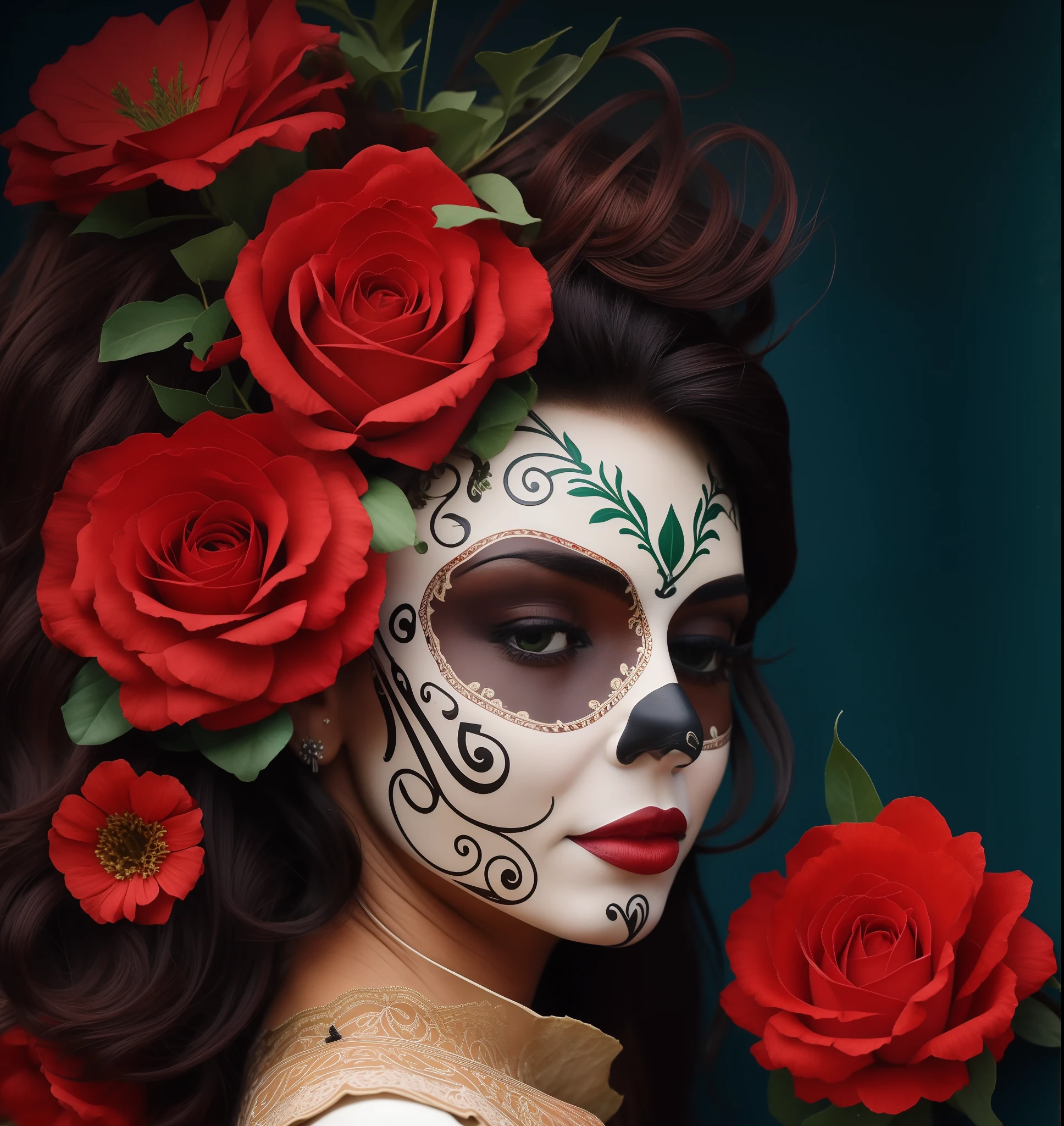 A (full body:1.3) shot at 8k resolution, splash art, fantastic comic book style, photorealistic, anatomical realistic digital painting portrait of a female latino (mexican muertos queen:1.3) in white (silk dress:1.1), (long curly red hair:1.1), (medieval town:1.3), light particle, analog, very detailed skin, very detailed eyes, (elden ring style:1.3), (warhammer style:1.1), concept artist, global illumination, depth of field, splash art, art by artgerm and greg rutkowski and viktoria gavrilenko
