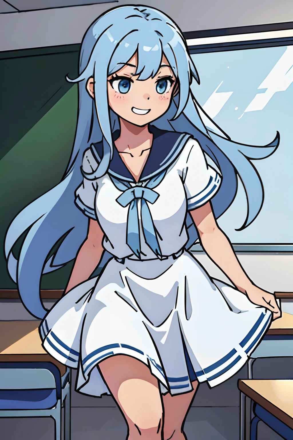 (best qualtiy:0.8),(best qualtiy:0.8),Perfect anime illustration,Extreme close-up full-body shot of a mature female student walking through a classroom,Mature schoolgirl in white dress and blue dress,Huge protruding breasts,Clothes with torn breasts,White stockings are long,Long straight blue hair,ssmile