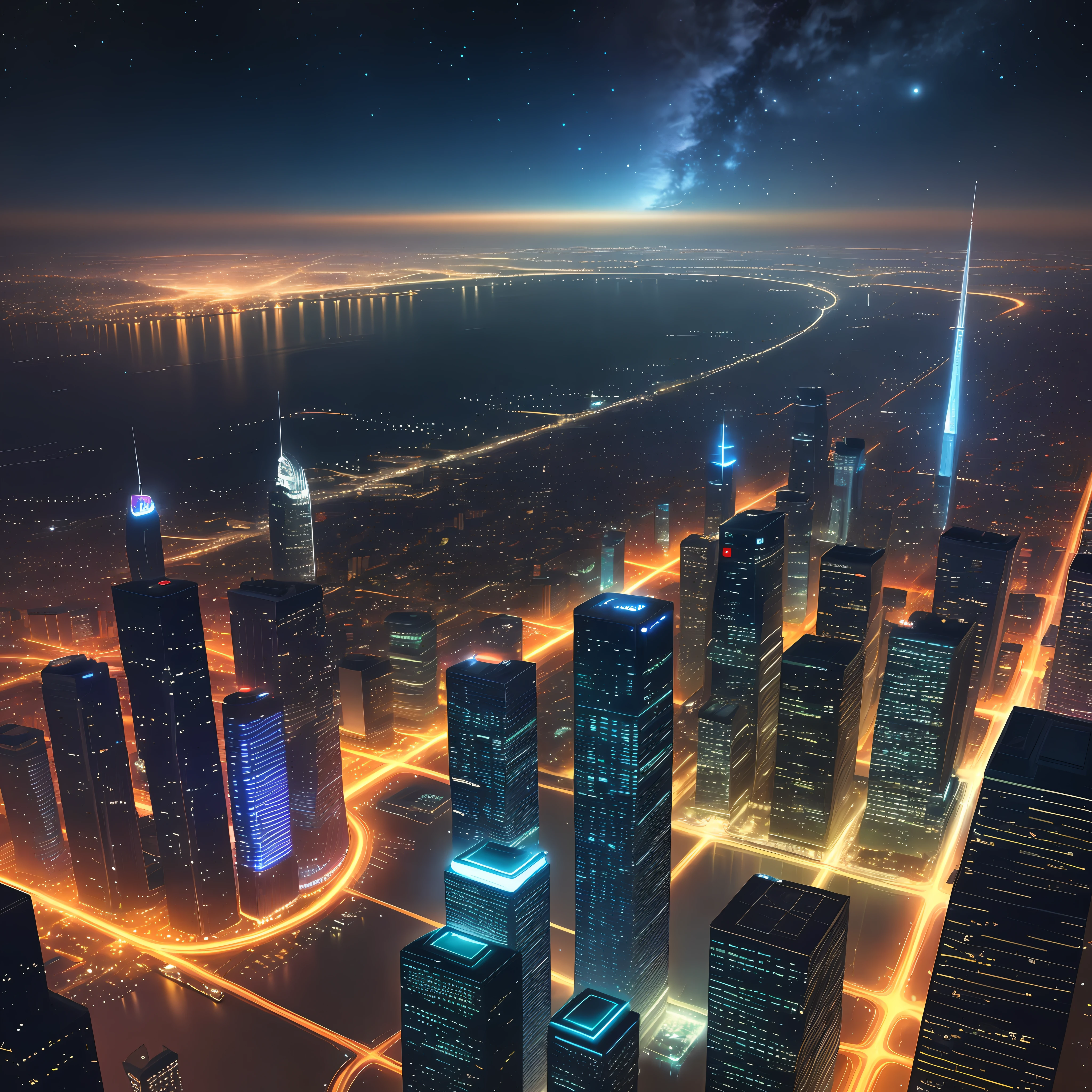 City future, NIGHT, sky stars, light,