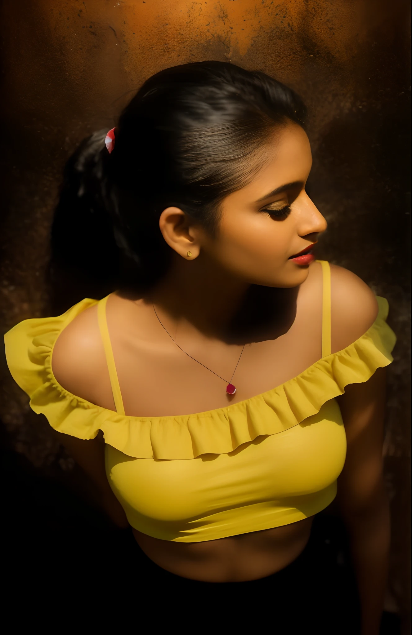 araffed woman in a yellow top posing for a picture, wearing yellow croptop, beautiful yellow woman, modeling shoot, modeling photography, in a oil painting style, soft portrait shot 8 k, indian girl with brown skin, a beautiful young woman, soft light from the side, model photography, wavy hair yellow theme, edited in photoshop, casual photography, yellow and red