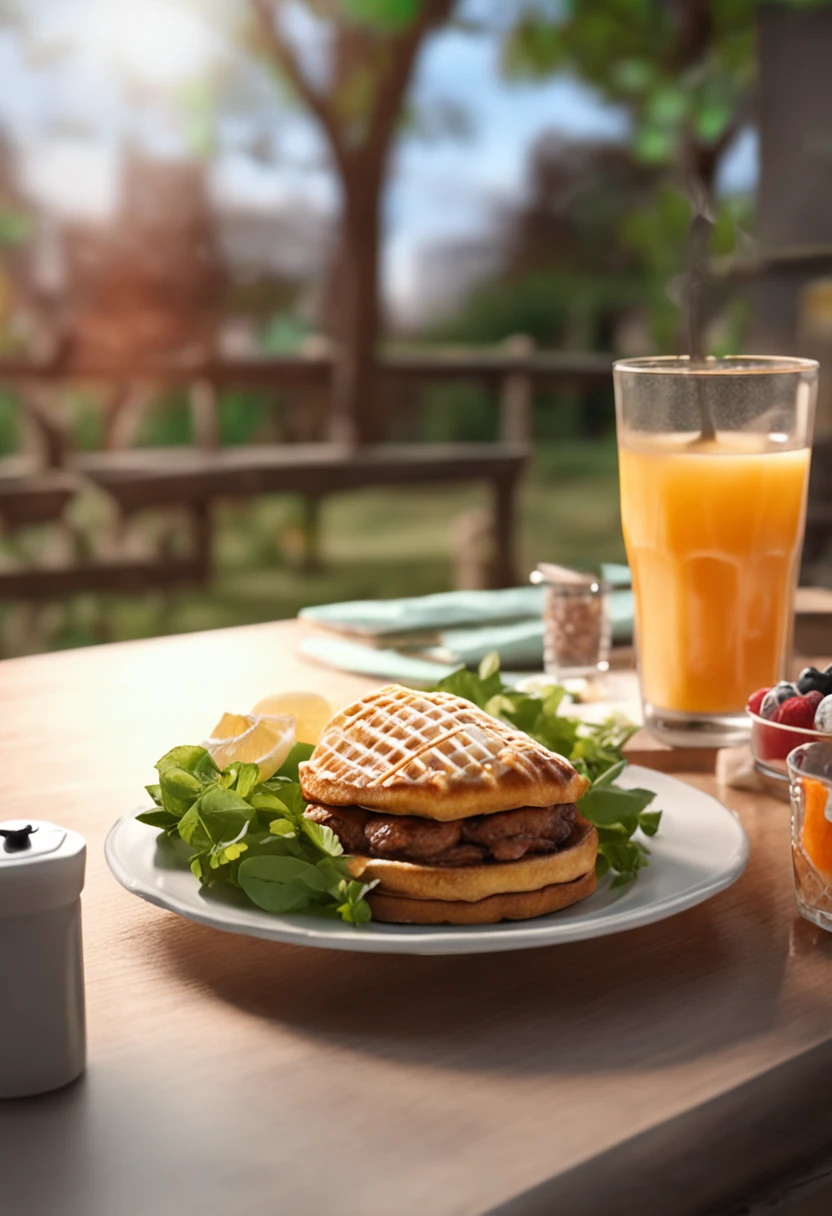 Make a Thin Woman This woman should be dressed in jeans and white T-shirt She should be in a healthy living space herbalife with a waffle on the plate and a glass with an energy drink Photo ultra realistic 8k fullhd