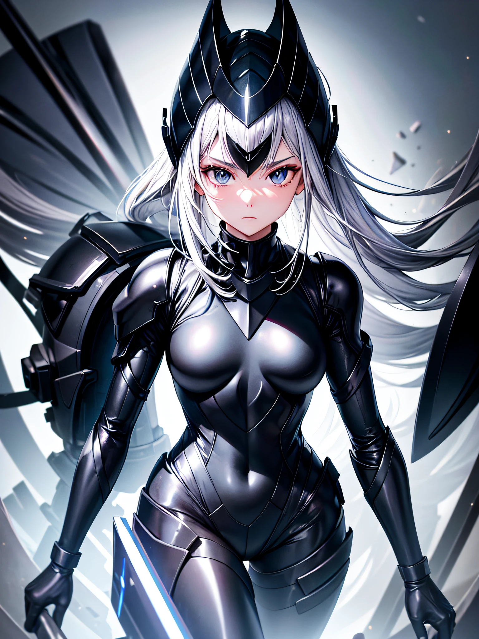 5 8K UHD、Silver-haired and small-nosed beauty in a black shiny black full-body rider suit wearing a black full-face helmet that covers the entire head is standing with her legs open facing the front、Wearing shiny black armor、Upper Body Up