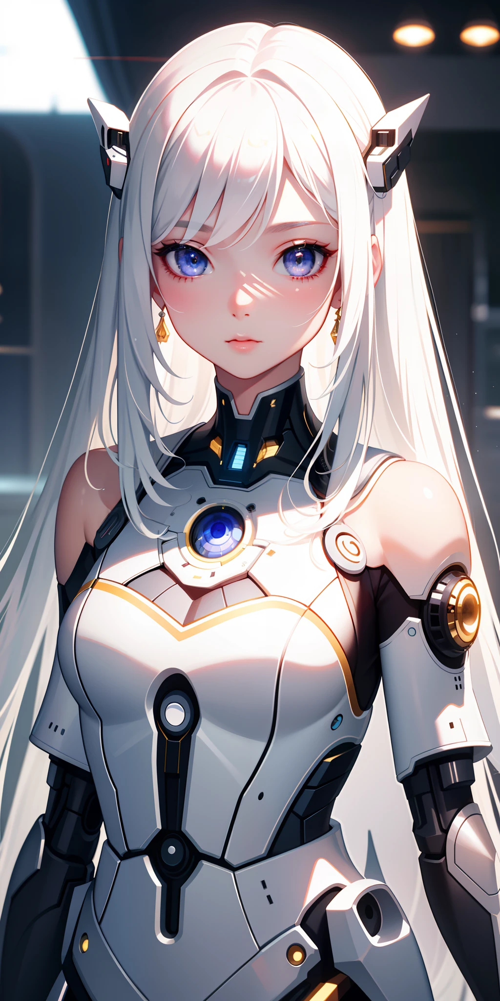 dreamy, (masterpiece), best quality, 1girl, amazing, beautiful detailed eyes, white hair, white eyes fine details, depth of field, extremely detailed CG, cyborg, high-tech