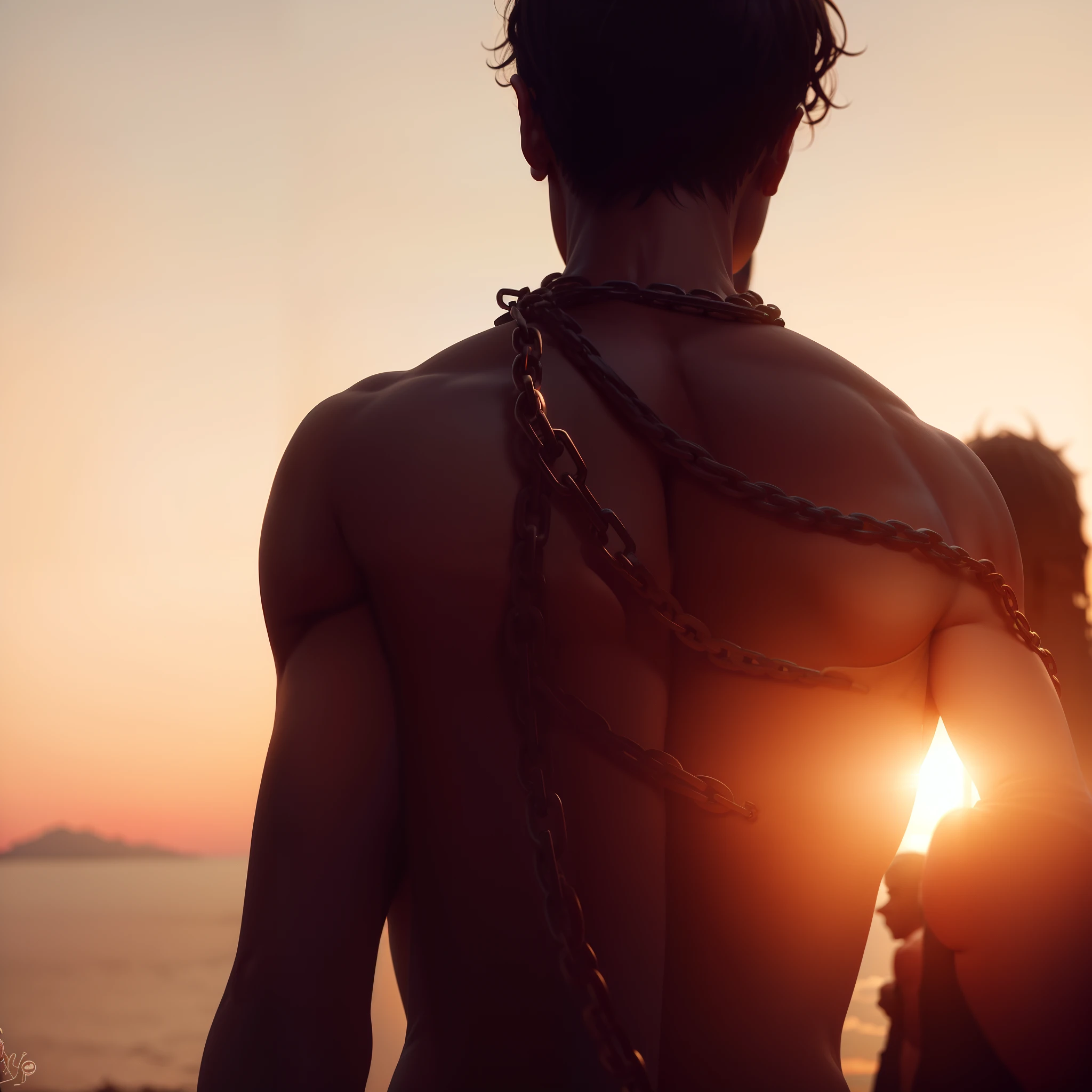 A man with his back bare, standing at sunset, a woman behind her with a chain in her hand embedded in the man's back