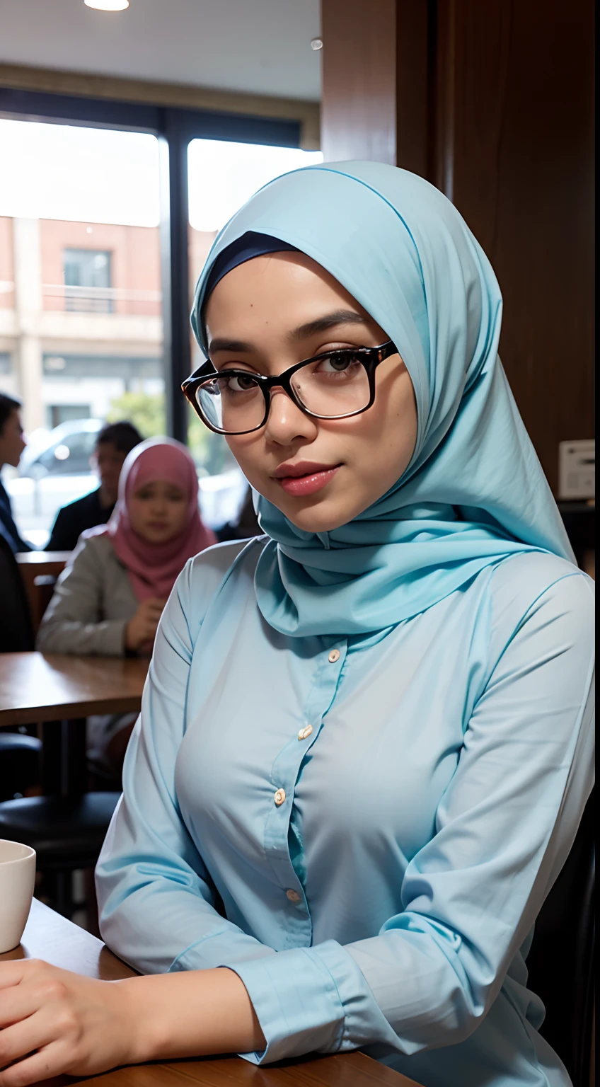 A photo of a young, nerdy malay woman in hijab sitting in a cafe, wearing a pastel blue shirt and a bow, surrounded by a cozy atmosphere, looking at the viewer.
Hijab, slender, red lips, transparent fabric, flirting with the camera