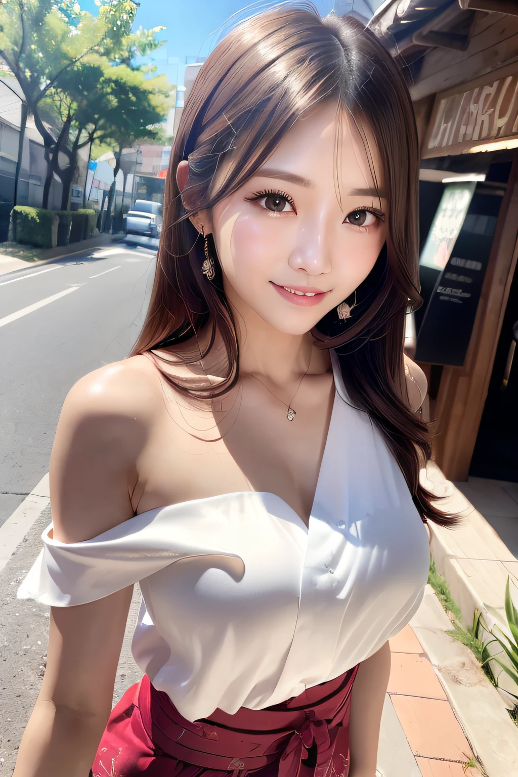 (masterpiece:1.3), high resolution, ultra detailed, extremely detailed CG unity 8k wallpaper, realistic, photo-realistic, RAW photo, beautiful detailed face, pale skin, realistic glistening skin, detailed cloth texture, detailed hair texture, Perfect body, Beautiful Face, accurate, Anatomically correct, Highly detailed face and skin texture, natural neck length, (beautiful hands), (fair skin:1.2), Thin legs, Thin feet, (well-aligned teeth:1.1), 
BREAK, 
Detailed eyes, symmetric eyes, Light Brown eyes, Double eyelids, Thin eyebrows, (Glossy lips:1.4), ((shy smile:1.2)), (blush:1.1),
BREAK, 
(A classy and Cute girl:1.3), (wearing a classy One-shoulder White Silk Blouse:1.2), 
BREAK, 
(A long Circular skirt of Red color:1.2), 
medium breasts, (slender figure:1.1), firm abs, beautiful clavicle, Looking up at me with upturned eyes, 
(Dark blonde hair, wavy hair:1.1), ((long hair:1.2)), ((asymmetrical bangs:1.2)), (Close up shot:1.2), (From above:0.5), 
BREAK, 
((Standing with Selfie pose:1.2)), ((In front of a yukata rental shop of Ikebukuro)), ((at 7:00 PM)),