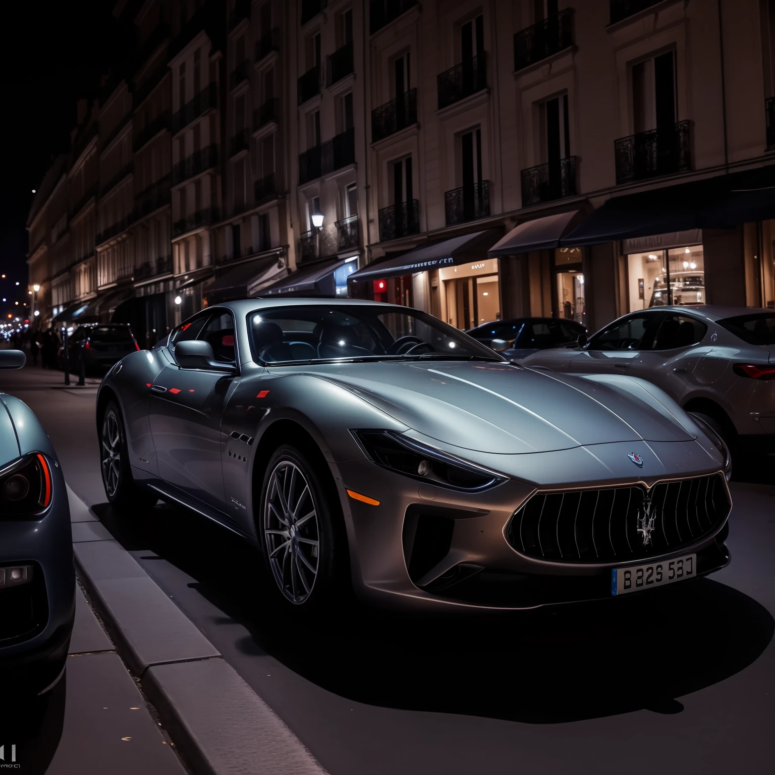 Maserati c20 2022 , parked in Paris street at night. casual photography, phone style photo, 2023.