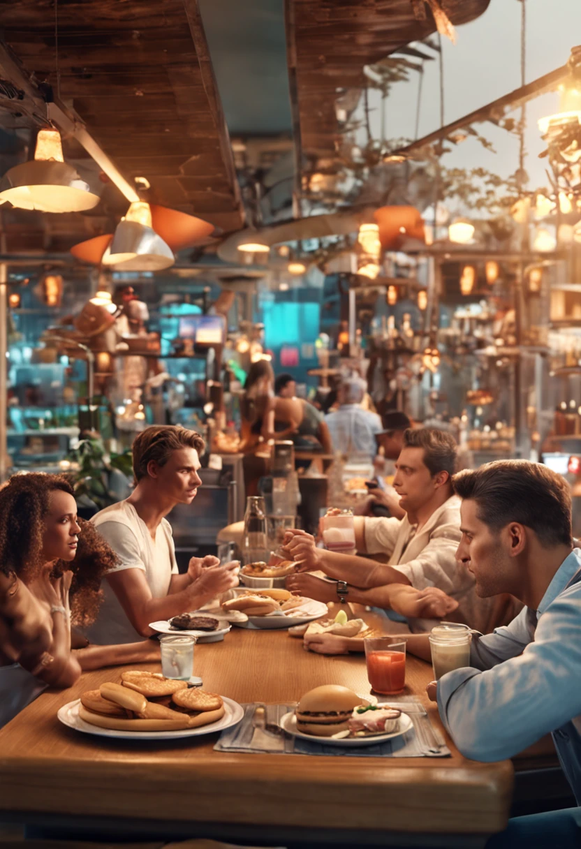 Make a man thin Essw woman should be dressed in jeans and white T-shirt He should be on a counter with a waffle on the plate and a glass with a shake Photo ultra realistic 8k fullhd