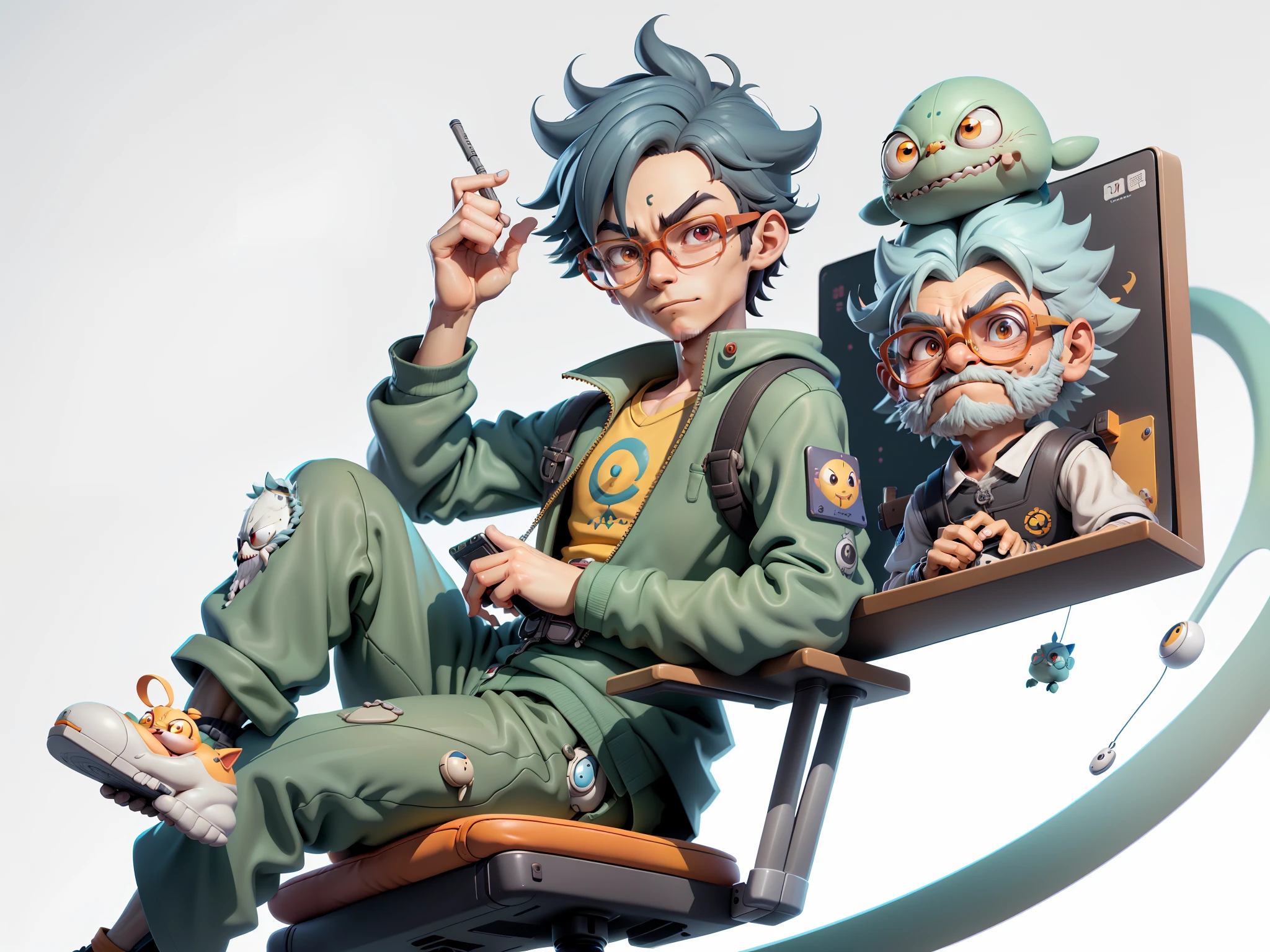 A young man with glasses sits at his desk，holding laptop，digitial painting，3D character design by Mark Clairen and Pixar and Hayao Miyazaki and Akira Toriyama，4K HD illustration，Very detailed facial features and cartoon-style visuals。