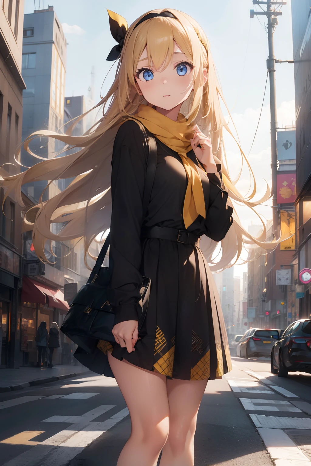 1 girl medium long hair ,blonde hair, blue eyes, wearing black blouse, yellow square pattern skirt, black heels, yellow scarf, black headband, city, high res, masterpiece