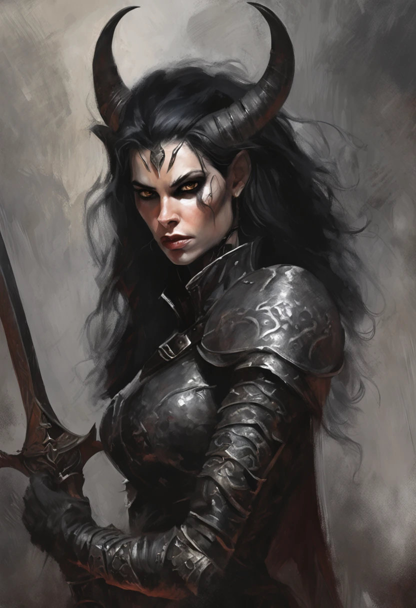 a female tiefling, upper body, evil eyes, wearing leather black armor, dark silver, pale white skin, bright eyes, young, pretty, small breasts, intricate horns, black hair flowing, long hair, athletic, muscular, malicious eyes, epic angle, dark medieval background, misty fog, bard tiefling, medieval fantasy, art by Alan Lee