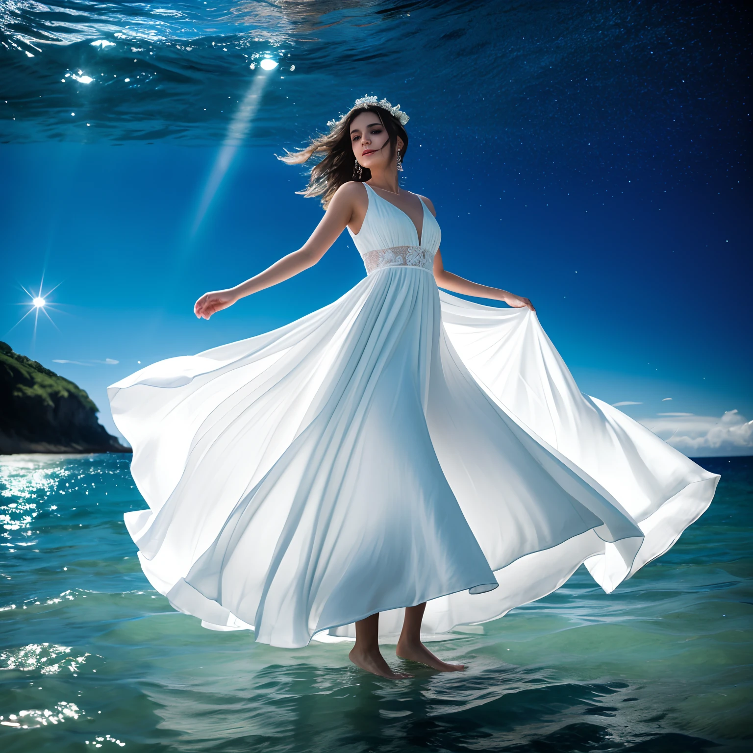 Woman in white dress standing in sea water with flowing dress, a noite, starly sky, sky with galaxy, lua, Como uma deusa, walking on water, mulher iluminada, blue water, wearing a white flowing dress, white flowing dress, she is floating in the air, flowing white robes, tiptoeing, Flowing dress, lindo vestido branco longo longo, Wearing a flowing dress, flutuando no ar, vestido branco longo, Pose flutuante elegante, cabelo flutuando ao vento, Girl in white dress dancing, mistic