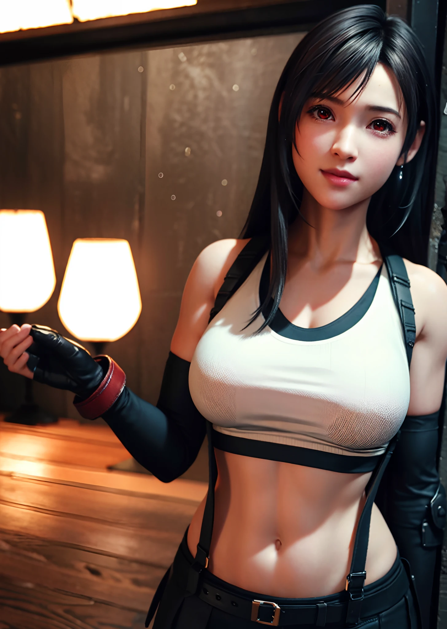 high res, highly detail, masterpiece, best quality, 1girl, solo, Tifa Lockhart, G Cup, braless, nipple, naked, looking at camera , tits, nursing handjob, hold dick