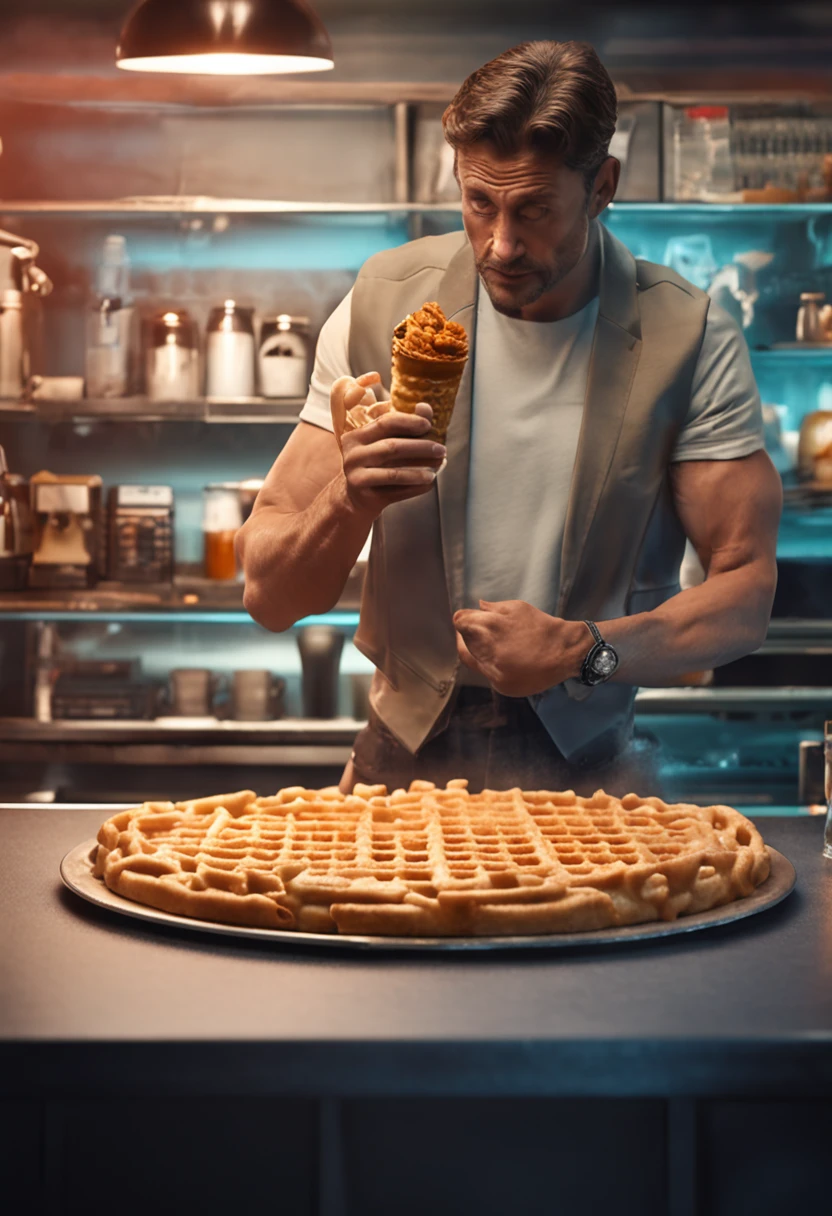 Make a Man Thin This man should be dressed in jeans and white T-shirt He should be standing on a counter with a waffle on the plate and a glass with a shake in hand Ultra realistic photo 8k fullhd