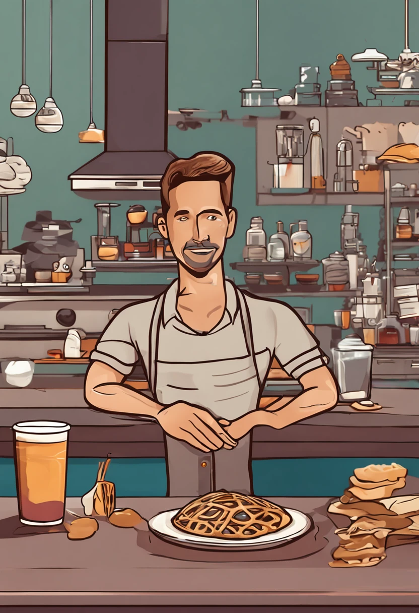 Make a Man Thin This man should be dressed in jeans and white T-shirt He should be standing on a counter with a waffle on the plate and a glass with a shake in hand Ultra realistic photo 8k fullhd