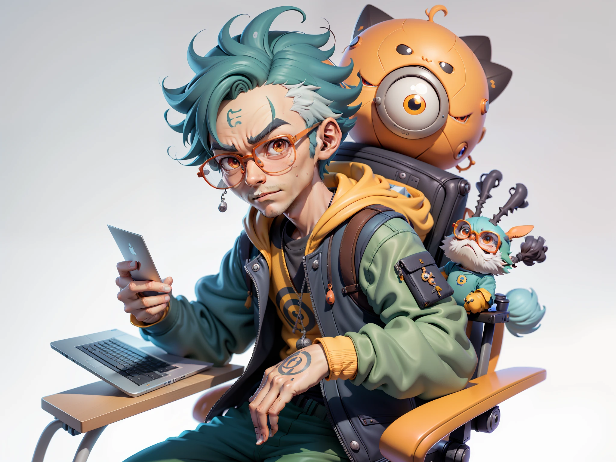 A young man with glasses sits at his desk,holding laptop,digitial painting,3D character design by Mark Clairen and Pixar and Hayao Miyazaki and Akira Toriyama,4K HD illustration,Very detailed facial features and cartoon-style visuals。