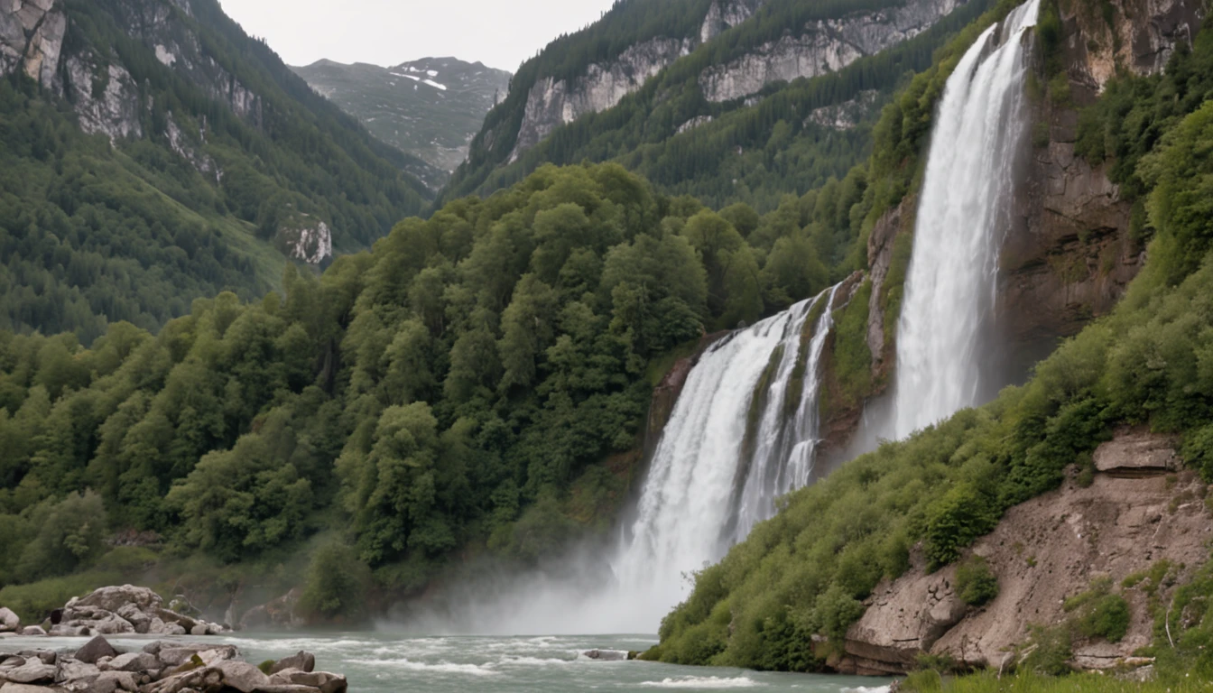 There is a large waterfall flowing down the side of a mountain, cascade au loin, Waterfalls in the background, Waterfall in the background, huge waterfall, Waterfall in the background, Huge waterfalls, cascades au loin, with waterfalls and river, Hautes cascades, Un plan large et complet, Vue imprenable, waterfall falling into a lake, incroyablement beau, very extremely beautiful