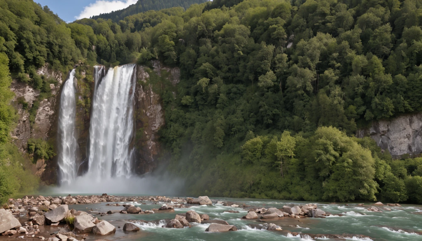 There is a large waterfall flowing down the side of a mountain, cascade au loin, Waterfalls in the background, Waterfall in the background, huge waterfall, Waterfall in the background, Huge waterfalls, cascades au loin, with waterfalls and river, Hautes cascades, Un plan large et complet, Vue imprenable, waterfall falling into a lake, incroyablement beau, very extremely beautiful