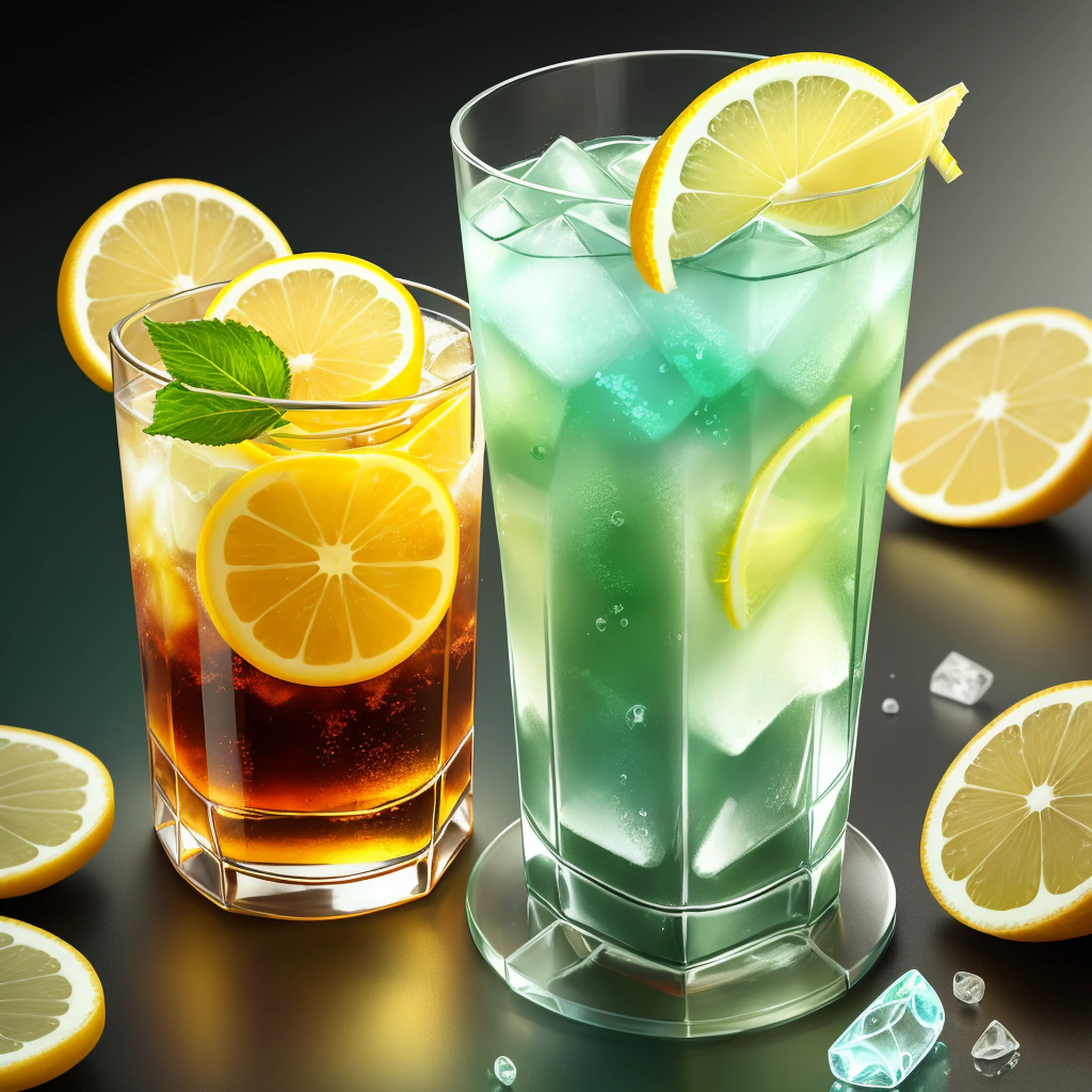 drinks,ice cubes,glass,lemons,Green background