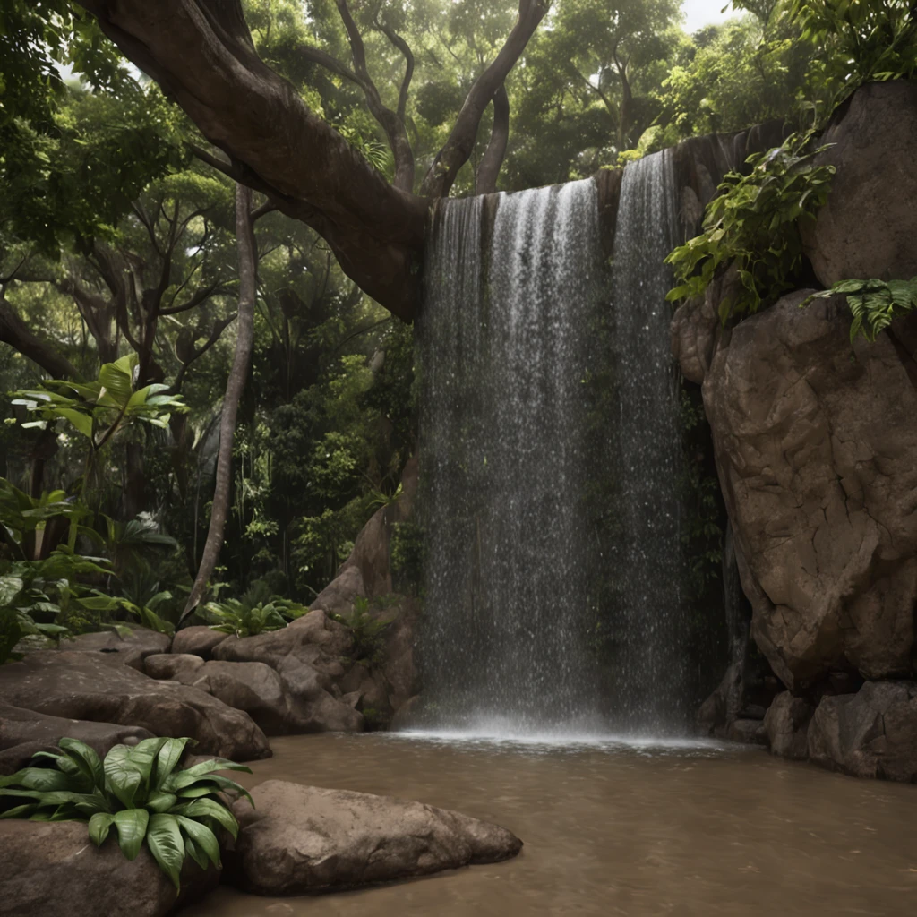 (Professional 3D rendering:1.3) de (Realistic:1.3) foto de arte mais bonita do mundo，soft features, uma linda cachoeira, ((tempo nublado e uma linda cachoeira com um riacho, paisagem com muito verde, plantas e flores, fantastic location, majestoso ambiente calmo)),  8k unidade render, detalhe da agua, detalhe das folhas, detalhe das arvores, gota da chuva altamente detalhado, very dark lighting, sombreamento pesado, circunstanciado, (Vibrando, Fotografia realista, Realistic, Dramatic, Escuro, foco nítido, 8k), (intrincado:1.4), (altamente detalhado:1.4), Pintura digital, rendering by octane, art stations, conceito-arte, liso, foco nítido, illustration, germe da arte, (Loish:0.23), Wlop Ilya Kuvshinov, e greg rutkowski e alphonse mucha gracias, (global ilumination, studiolight, light volumetric), chuva forte, floating particles, patife, fantasia, ((Fundo escuro e antigo da cidade:1.3)),CGSesociedade,art stations