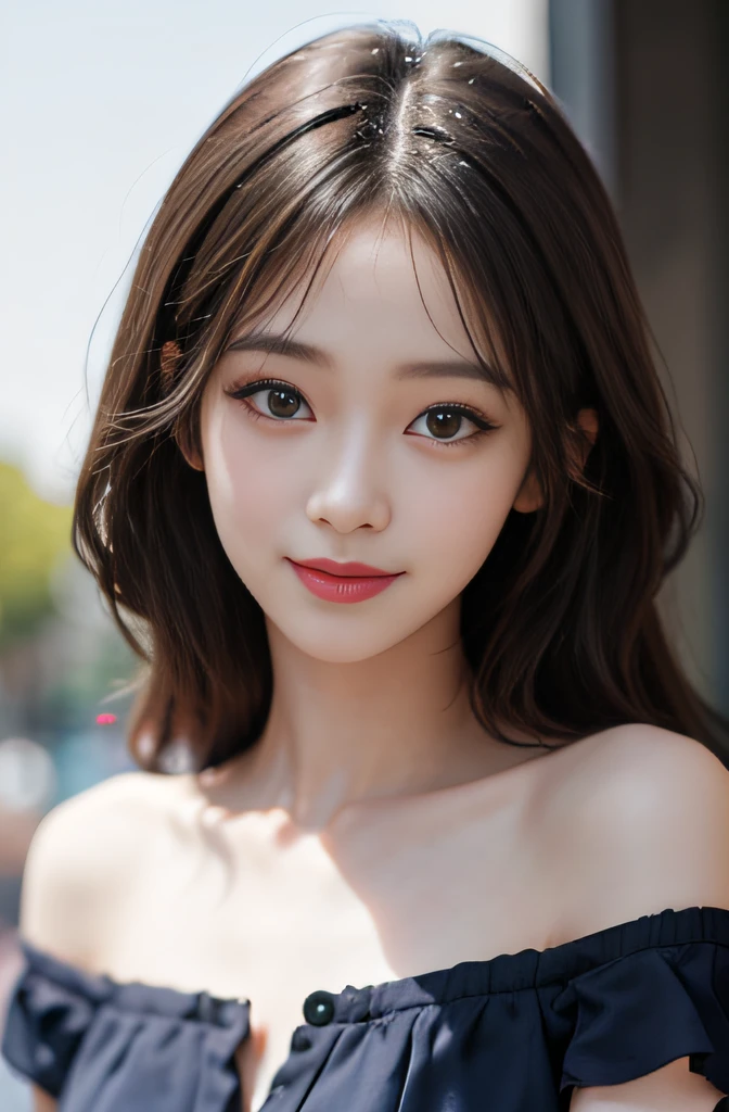 best qualtiy, tmasterpiece, 1girll, beauitful face, (photos realistic:1.3), edge lit, (highdetailskin:1.2), 8K UHD, dslr camera, hightquality, hight resolution, 4K, 8K, Bokeh, absurderes, optimal ratio of four fingers and one thumb, (realisticlying:1.3), pretty 1girl,, medium breasts, Short blue dress,Look here、Good smile
