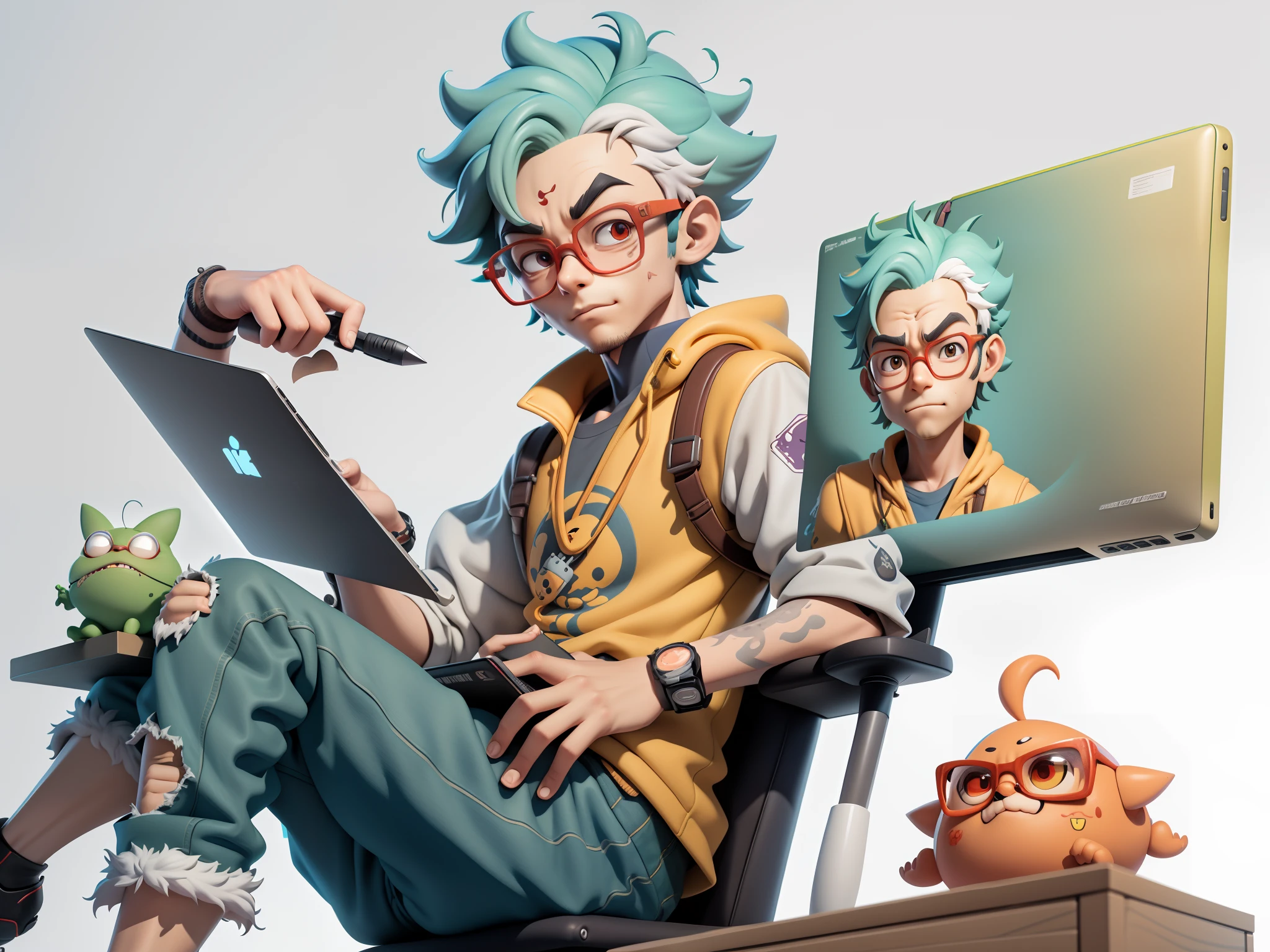 A young man with glasses sits at his desk,holding laptop,digitial painting,3D character design by Mark Clairen and Pixar and Hayao Miyazaki and Akira Toriyama,4K HD illustration,Very detailed facial features and cartoon-style visuals。