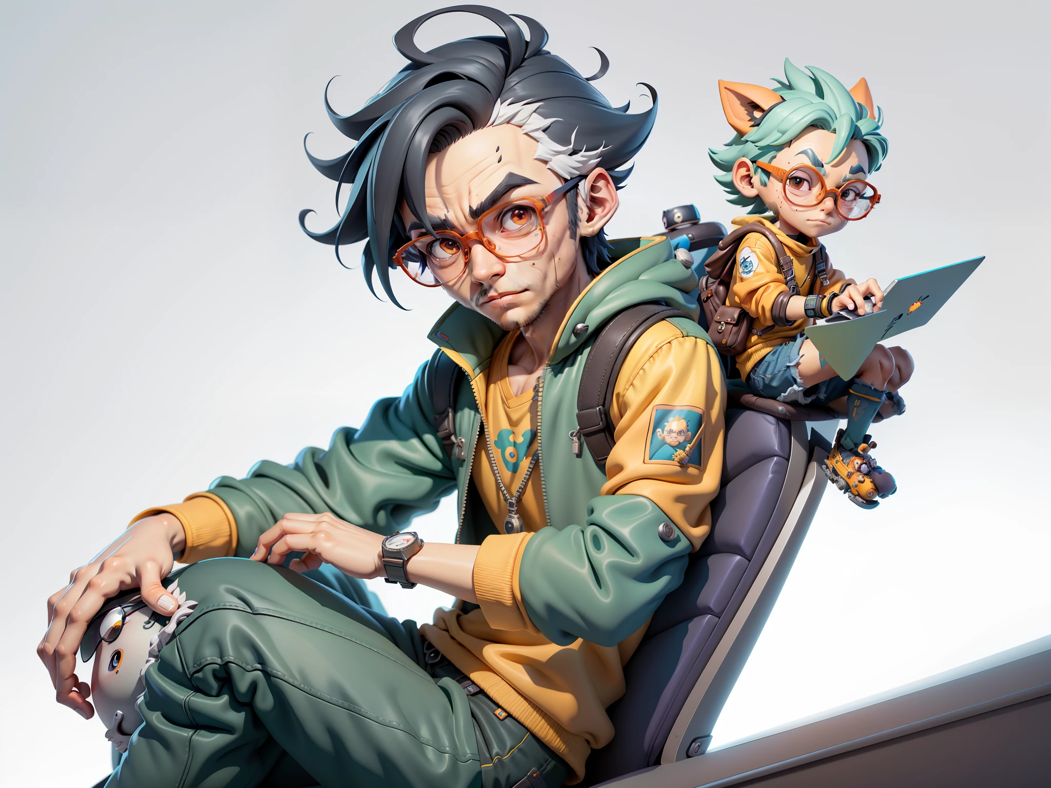 A young man with glasses sits at his desk,holding laptop,digitial painting,3D character design by Mark Clairen and Pixar and Hayao Miyazaki and Akira Toriyama,4K HD illustration,Very detailed facial features and cartoon-style visuals。