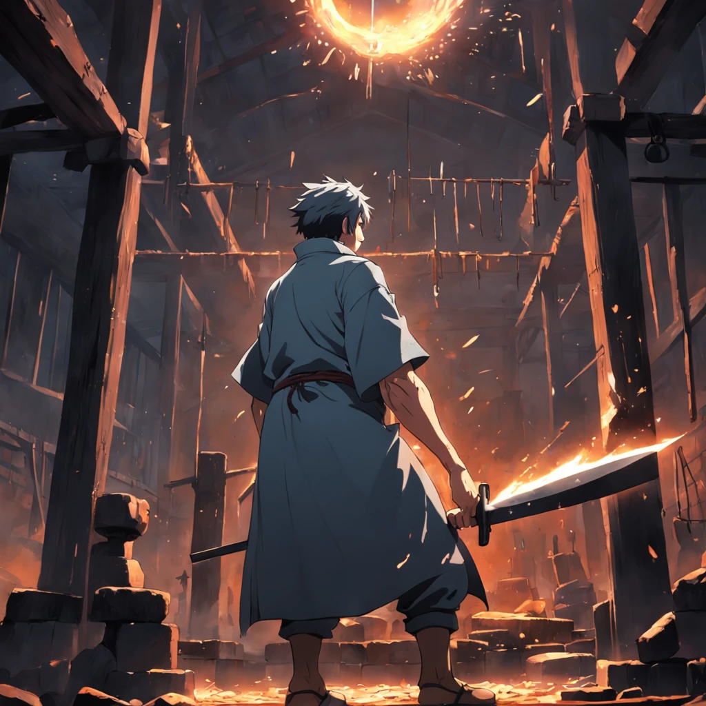 obra-prima, melhor qualidade, filme ainda,Visualize a blacksmith's workshop where a skilled artisan hammers a piece of metal into a magnificent blade, symbolizing the shaping of one's own destiny.