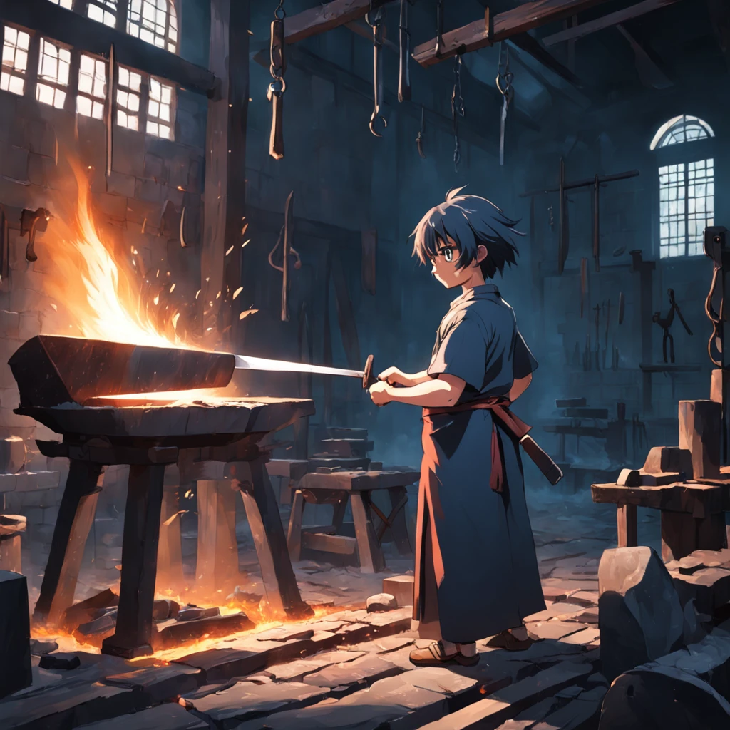 obra-prima, melhor qualidade, filme ainda,Visualize a blacksmith's workshop where a skilled artisan hammers a piece of metal into a magnificent blade, symbolizing the shaping of one's own destiny.