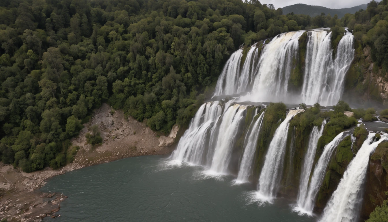 There is a large waterfall flowing down the side of a mountain, cascade au loin, Waterfalls in the background, Waterfall in the background, huge waterfall, Waterfall in the background, Huge waterfalls, cascades au loin, with waterfalls and river, Hautes cascades, Un plan large et complet, Vue imprenable, waterfall falling into a lake, incroyablement beau, very extremely beautiful, high-definition picture, 4k, chef d'oeuvre, perfection