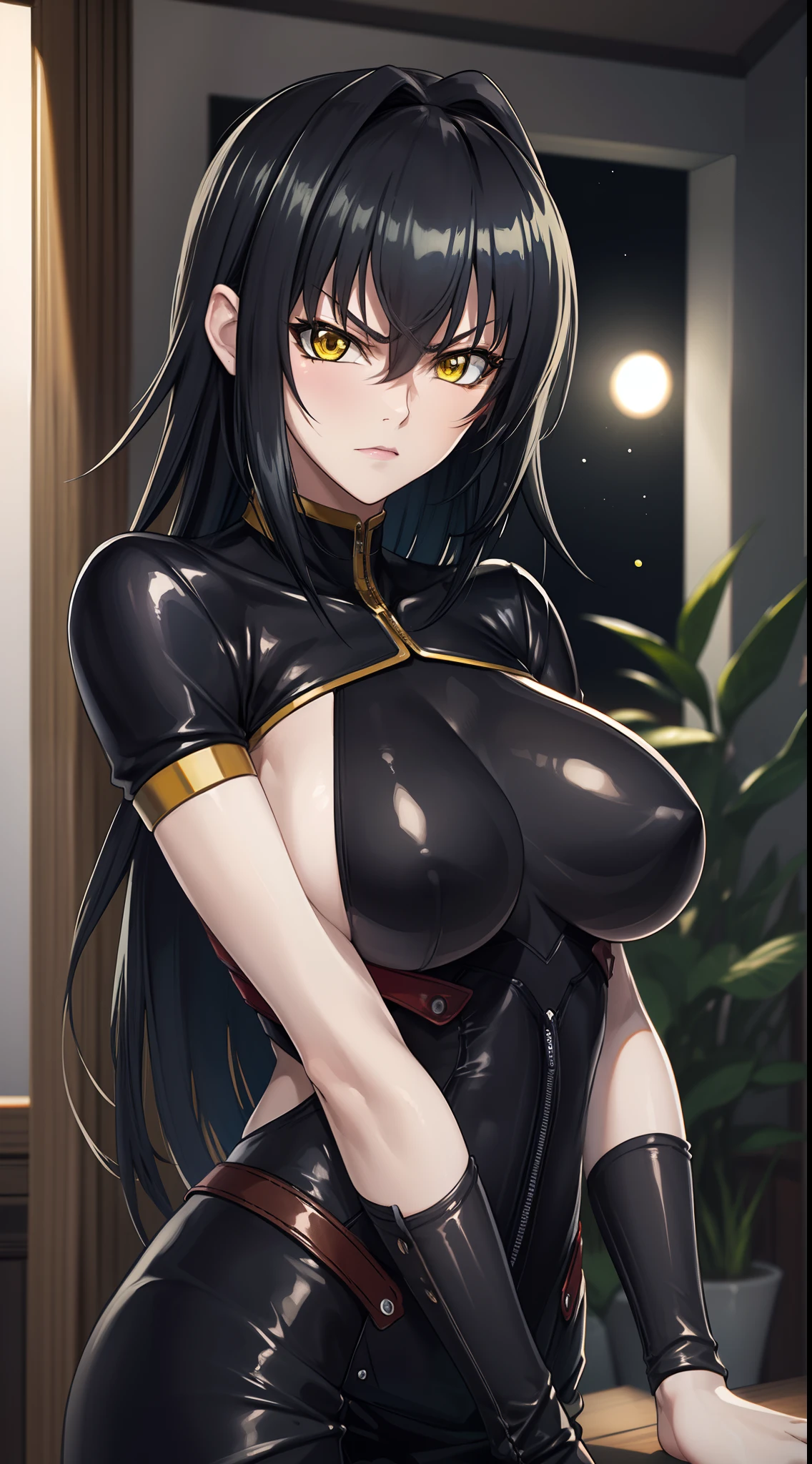 professional artwork, Intricate Details, field of view, sharp focus, detailed painting, photorealistic lighting, trending on pixiv,(masterpiece:1.0),(best_quality:1.0), ultra high res, ultra-detailed, photography, 8K, HDR, highres, absurdres:1.2, Kodak portra 400, film grain, sharp focus, bokeh:1.2, lens flare, (vibrant_color:1.2), (((indoors, dark night district))), Annerose, 1girl, female mature, black hair, long hair, (yellow eyes), large breasts, fully dressed, higheels, skin tight, hair intakes, (solo:1.4), (upper body, half body shot, covered breasts, side boobs), angry and shy, angry and shy face