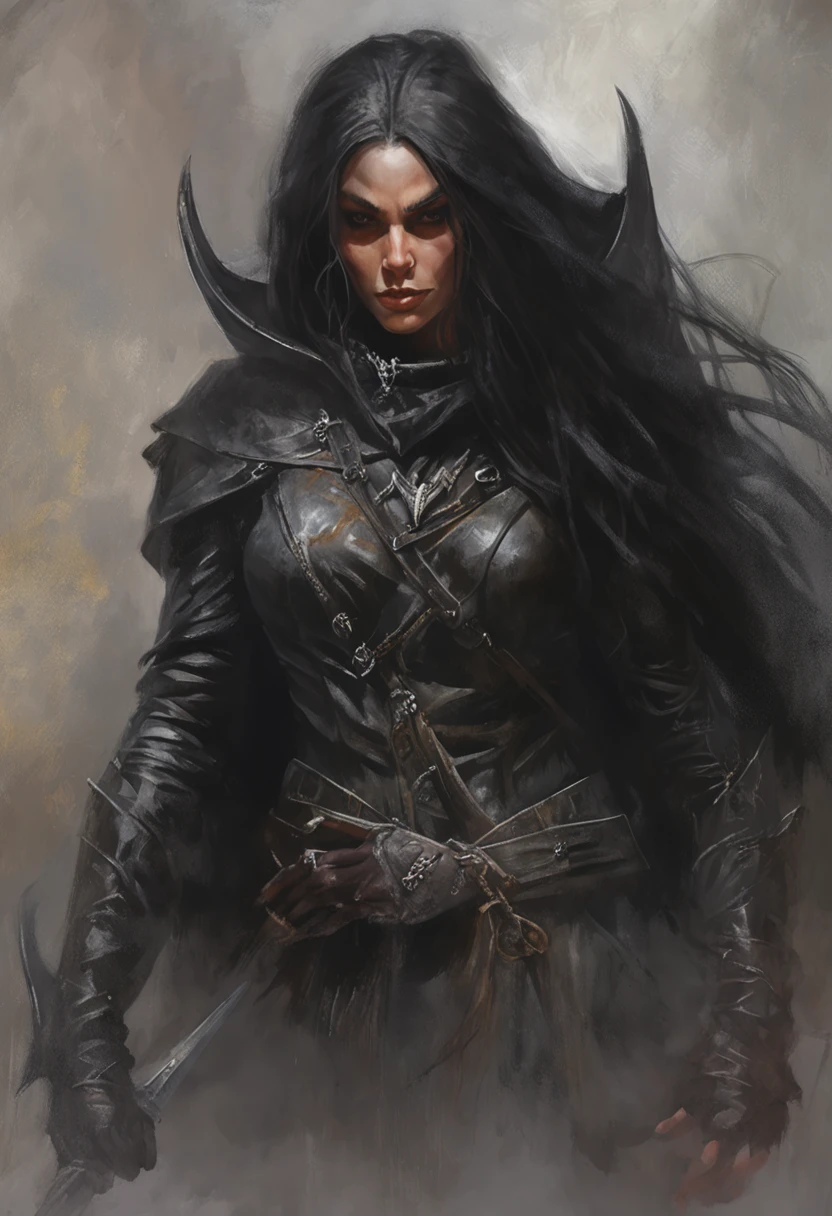 a female tiefling, upper body, evil eyes, wearing leather black armor, dark silver, black cloak, pale white skin, bright eyes, young, pretty, small breasts, intricate horns, black hair flowing, very long hair, straight hair, athletic, muscular, malicious eyes, epic angle, dark medieval background, misty fog, bard tiefling, medieval fantasy, art by Alan Lee