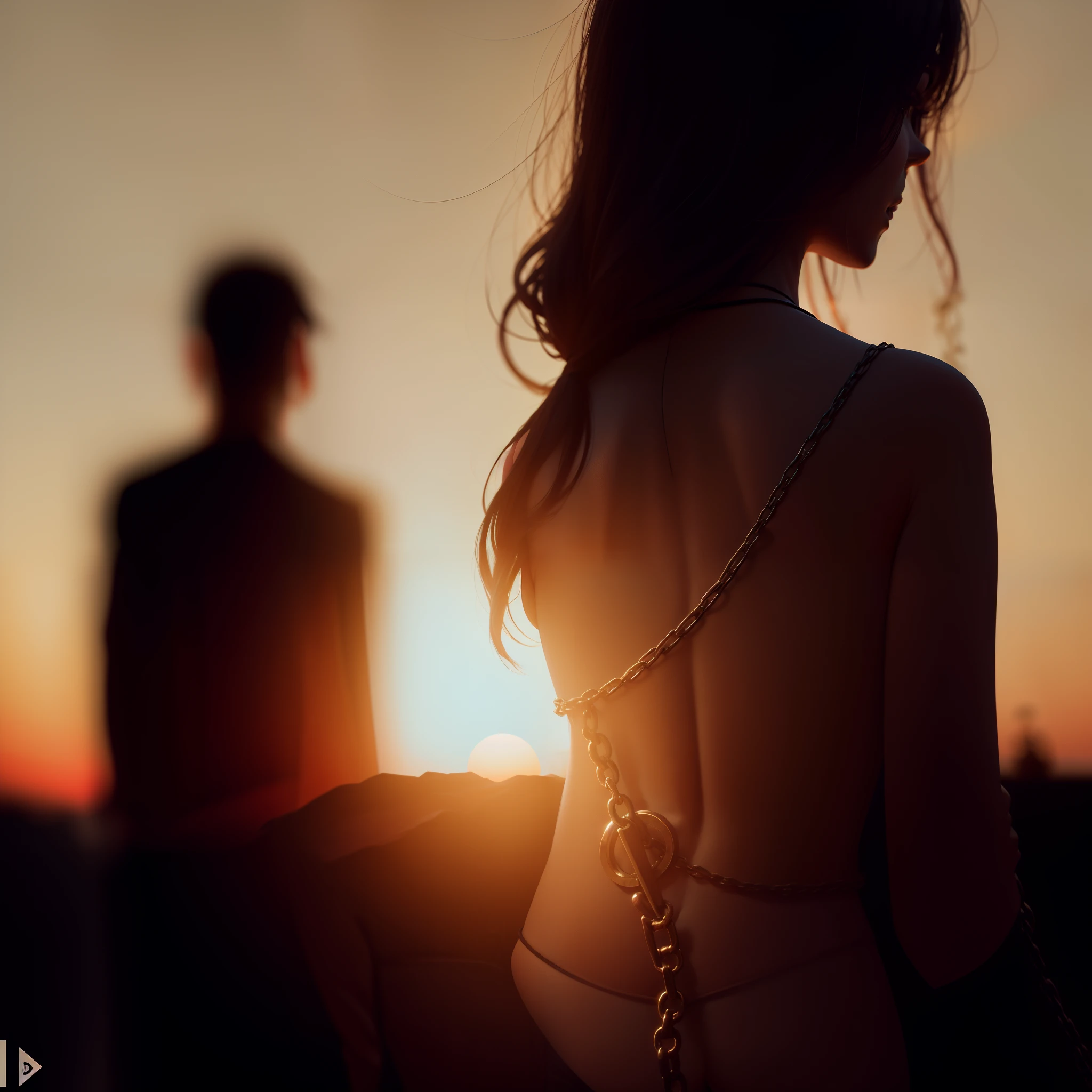 A woman with his bare back standing at sunset, the man behind her, in her hand a chain embedded in the man's back, a woman