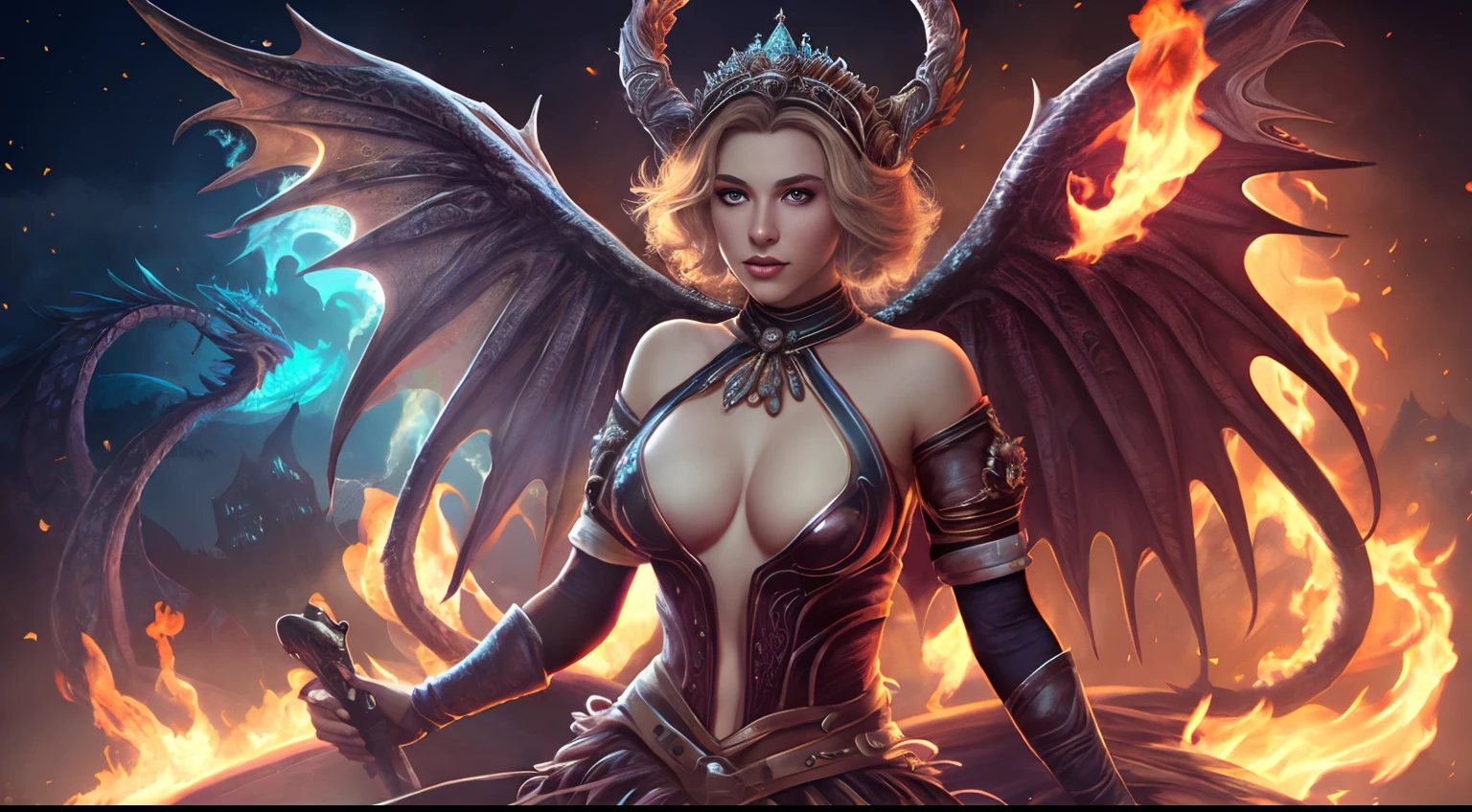 Very complex hyper-maximalist super-detailed cinematic Tribal Darkfantasy Full Body Portrait of a beautiful and angelic young dragon queen Goddess with long blonde windblown hair and wings of dragon scales, Magic the meeting, pale skin and green eyes, smiling succubus flirting confidently seductive, lo gothic, soprada pelo vento cabelo, alto contraste vibrante, por andrei riabovitchev, tomasz alen kopera,moleksandra shchaslyva, peter mohrbacher, Omnious intrincado, octane, moebius, arney freytag, Fashion photo shoot, pose glamorosa, trending on ArtStation, lighting dramatic, gelo, fire and smoke, simbolismo ortodoxo Diesel punk, mistborn, environment occlusion, volumeric lighting, Lord of the Rings, BioShock, glamoroso, emocional, tatuagens, filmed in a photographic studio, Professional studio lighting, retroiluminado, Deviant-art rim lighting, hyperdetailed illustration, 8k --auto