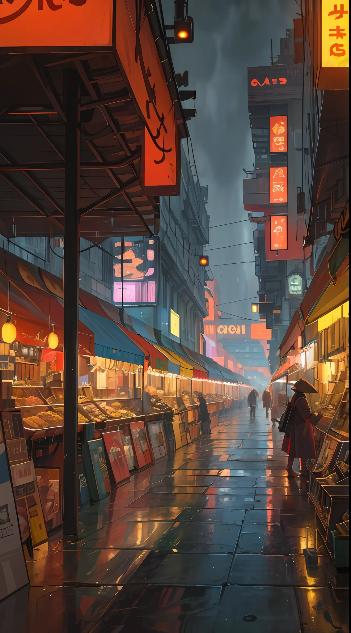 ((masterpiece)),((best quality)),((high detail)),((realistic,)) Futurist era city, architectural streets, bazaars, futuristic train lines, cyberpunk, buildings, night, European city, rainy, neon