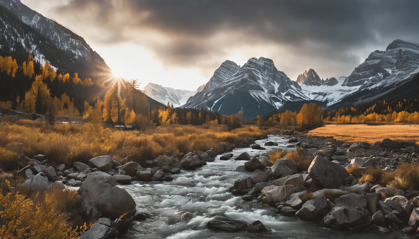 mountains with snow and trees in the foreground and a river running through them, Parc national Banff, Rocky mountains and a river, Montagnes Rocheuses spectaculaires, Rocky Mountains in the background, montagnes Rocheuses, Mountains and rivers, Paysage de montagne. Image fixe du film, inspired by James Pittendrigh MacGillivray, montagnes rocheuses lointaines, Cadre montagneux pittoresque, Canada, paysage montagneux