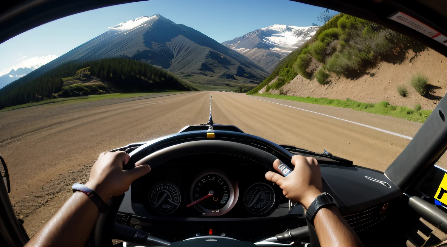 Rally driver's perspective、cockpit、steering wheel、Rearview mirror、mountainous setting、Dirt、Dead Heat
