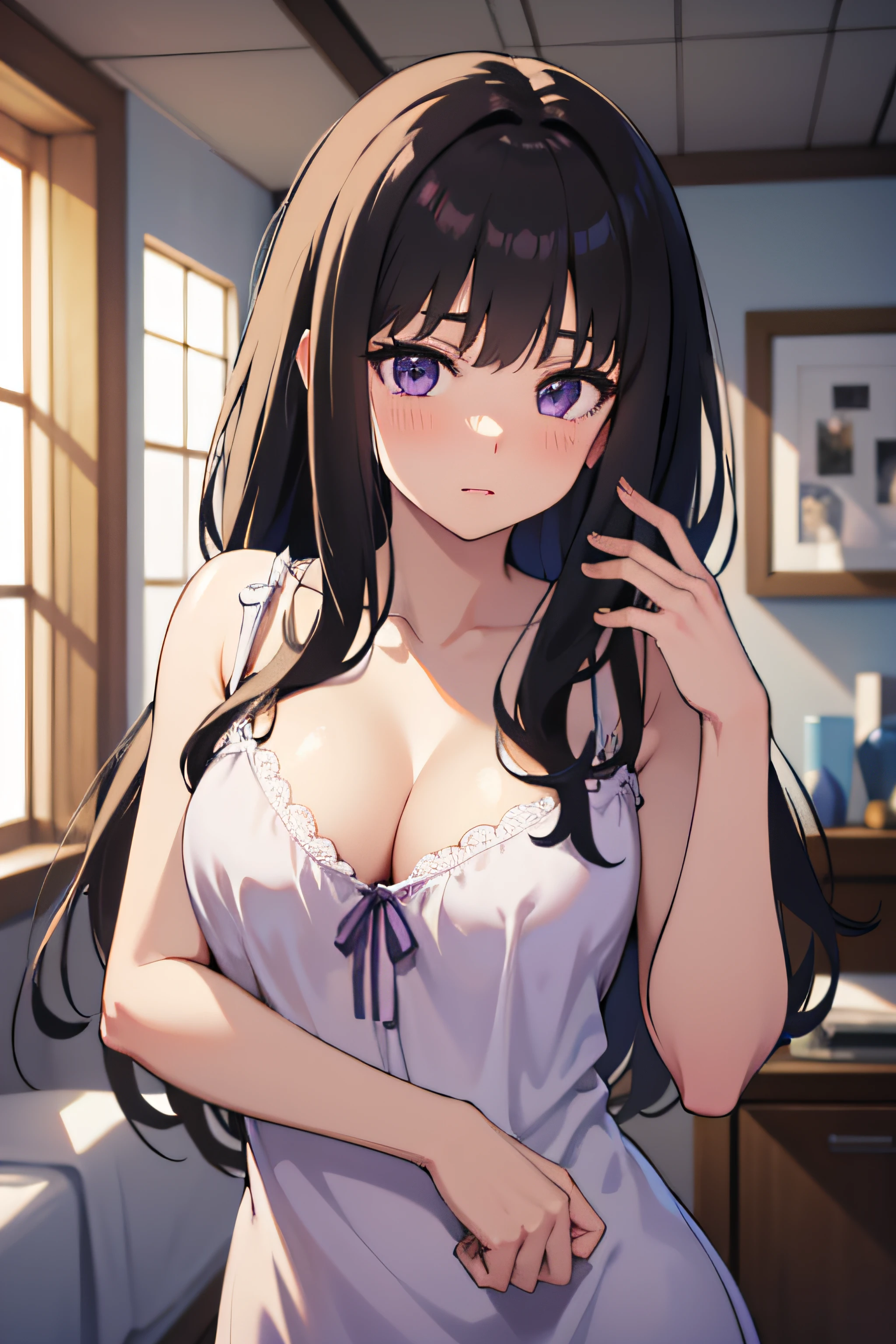 (masterpiece, best quality, highres, UHD, perfect pixel), Inoue Takina, Long hair, Bangs, Black hair, (Purple eyes:1.2), medium breasts, indoor, bedroom, dynamic pose, busty, perfect body, POV, close up, blushing, (cleavage:0.8), nightgown, minimalist shirt, natural light