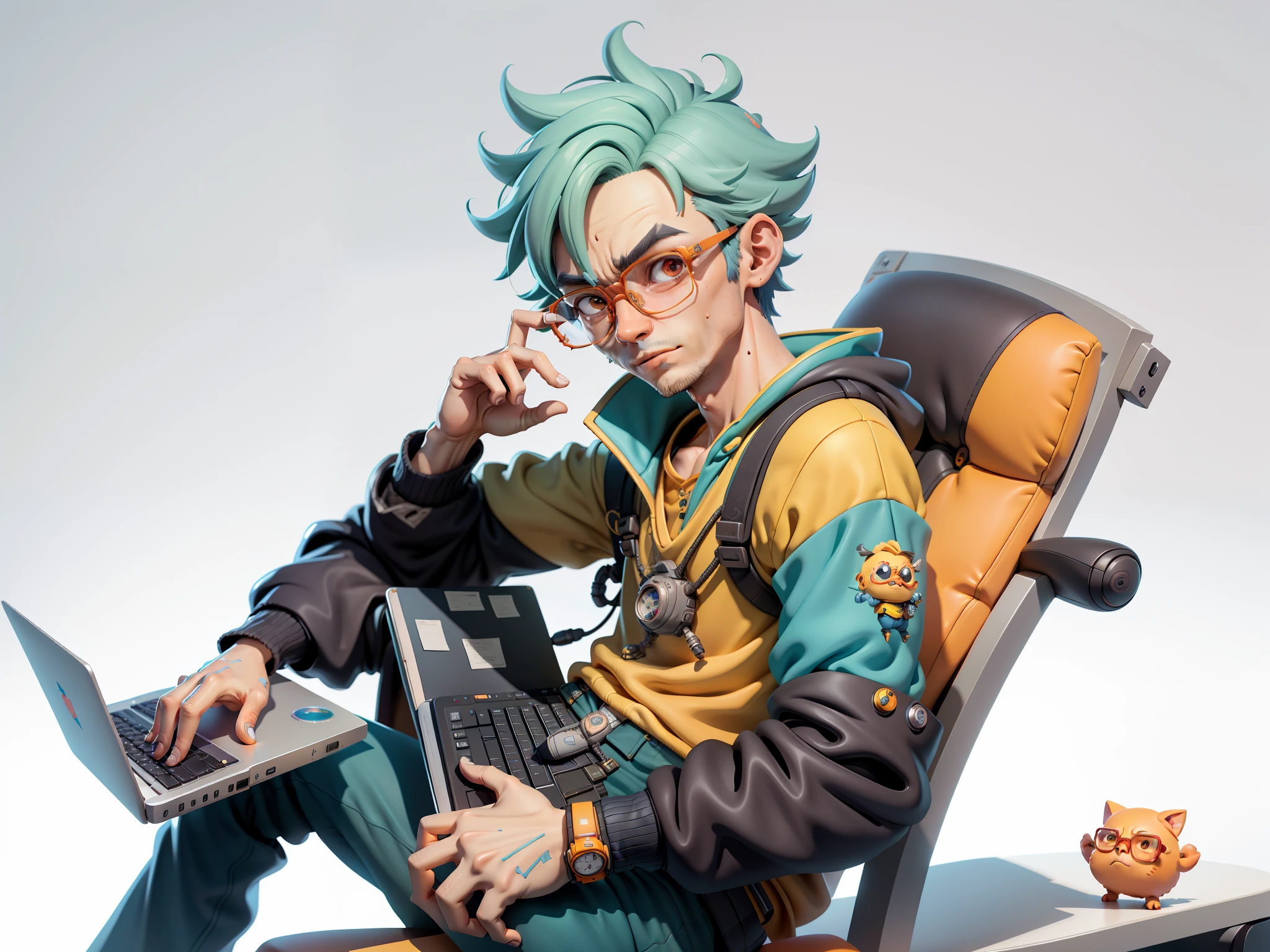 A young man with glasses sits at his desk，holding laptop，digitial painting，3D character design by Mark Clairen and Pixar and Hayao Miyazaki and Akira Toriyama，4K HD illustration，Very detailed facial features and cartoon-style visuals。