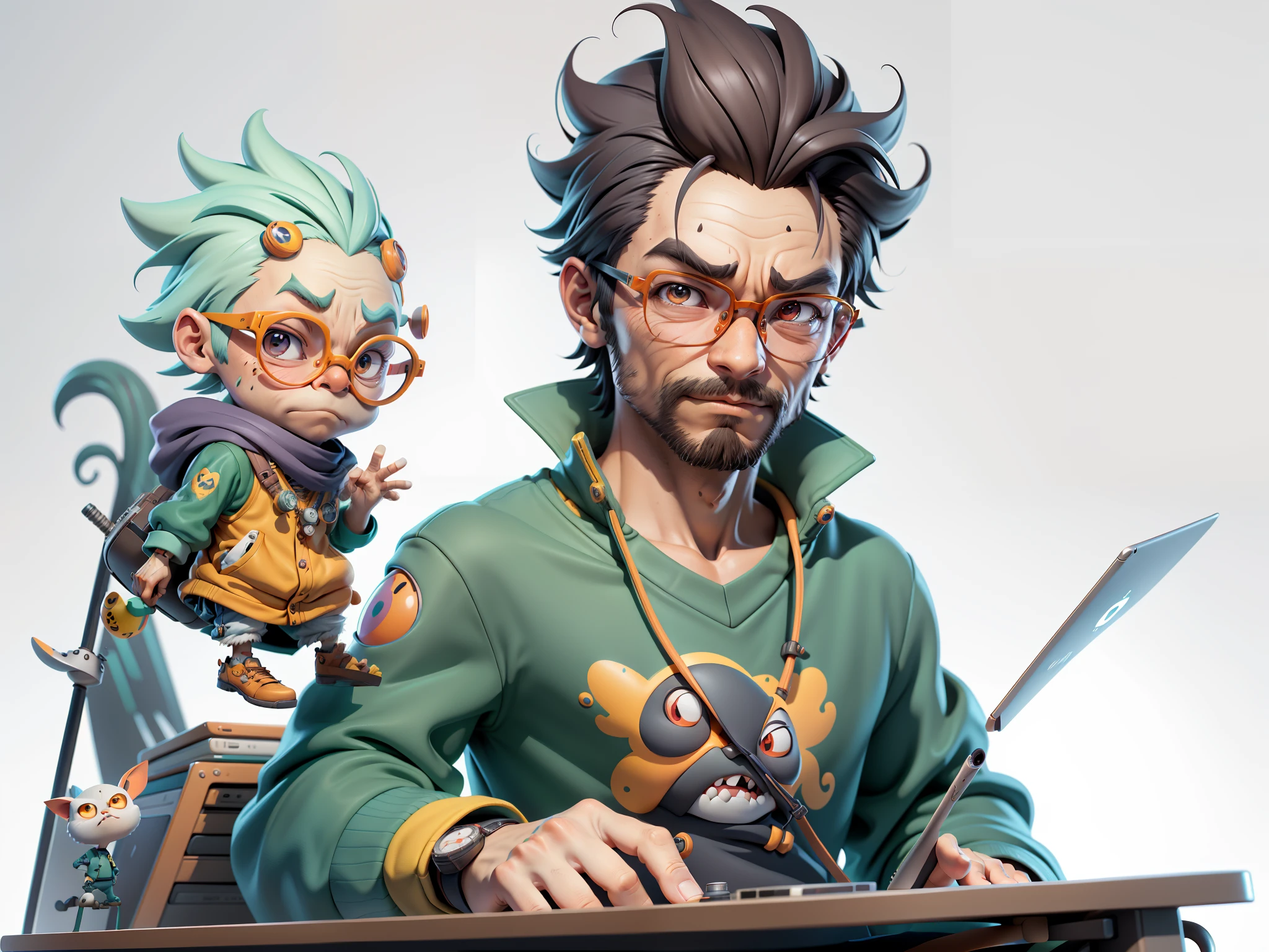 A young man with glasses sits at his desk，holding laptop，digitial painting，3D character design by Mark Clairen and Pixar and Hayao Miyazaki and Akira Toriyama，4K HD illustration，Very detailed facial features and cartoon-style visuals。