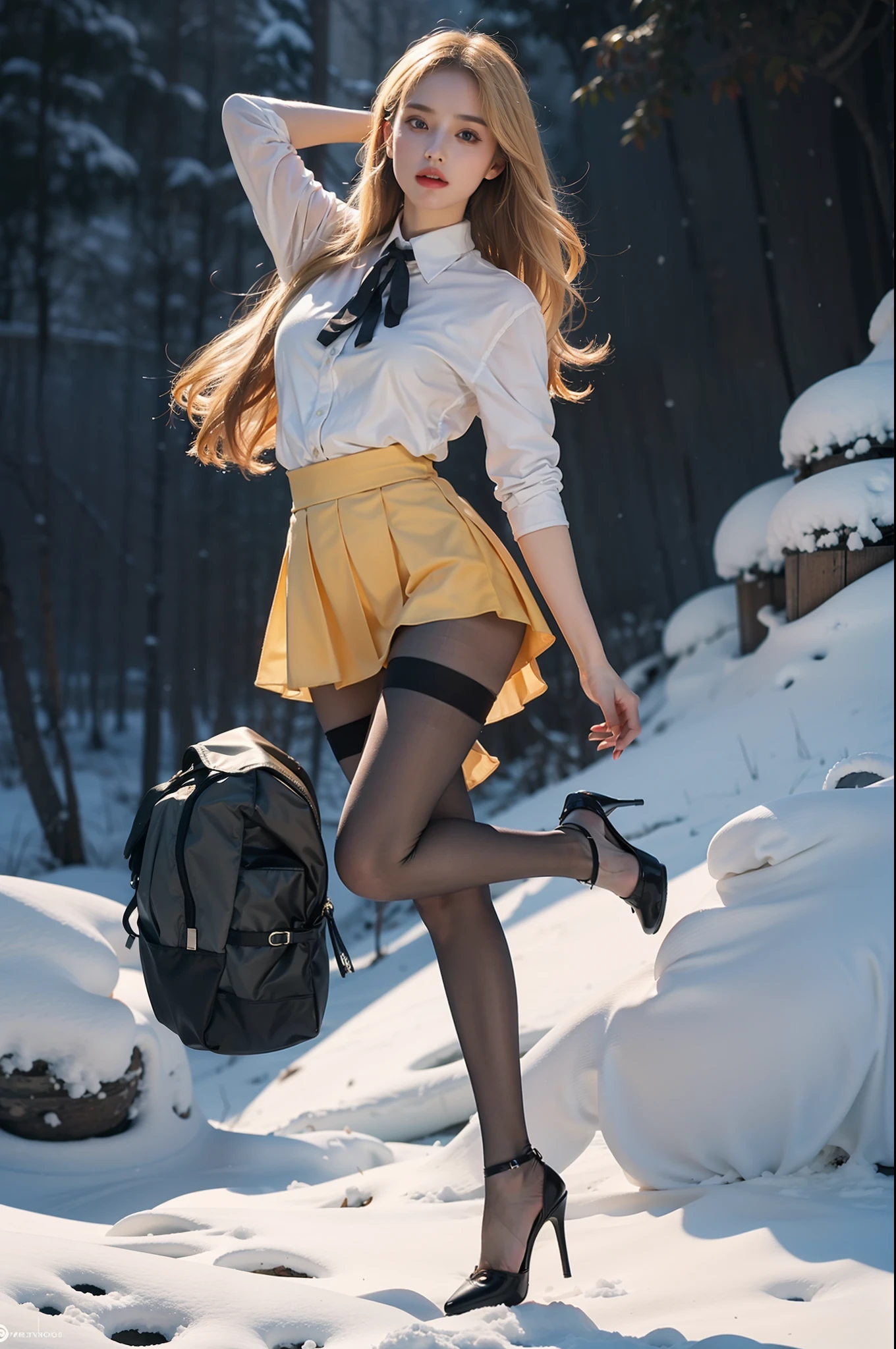 (full body:1.5)，(1girl:1.3),(view the viewer:1.4)，(??????? correct:1.4),(Opaque pantyhose and pointed thick heels :1.3),(Dancing on the top of a snowy mountain:1.2),(Wearing a Indian style high waisted skirt:1.2),(Long blonde hair:1.2),(Accurate and perfect face:1.3),(Long legs:1.3),hyper HD, Ray traching, reflective light， structurally correct, Award-Awarded, high detail, lighten shade contrast, Face lighting ，cinematic lighting, masterpiece, super detailing, high quality, high detail, best quality, 16k，High contrast,