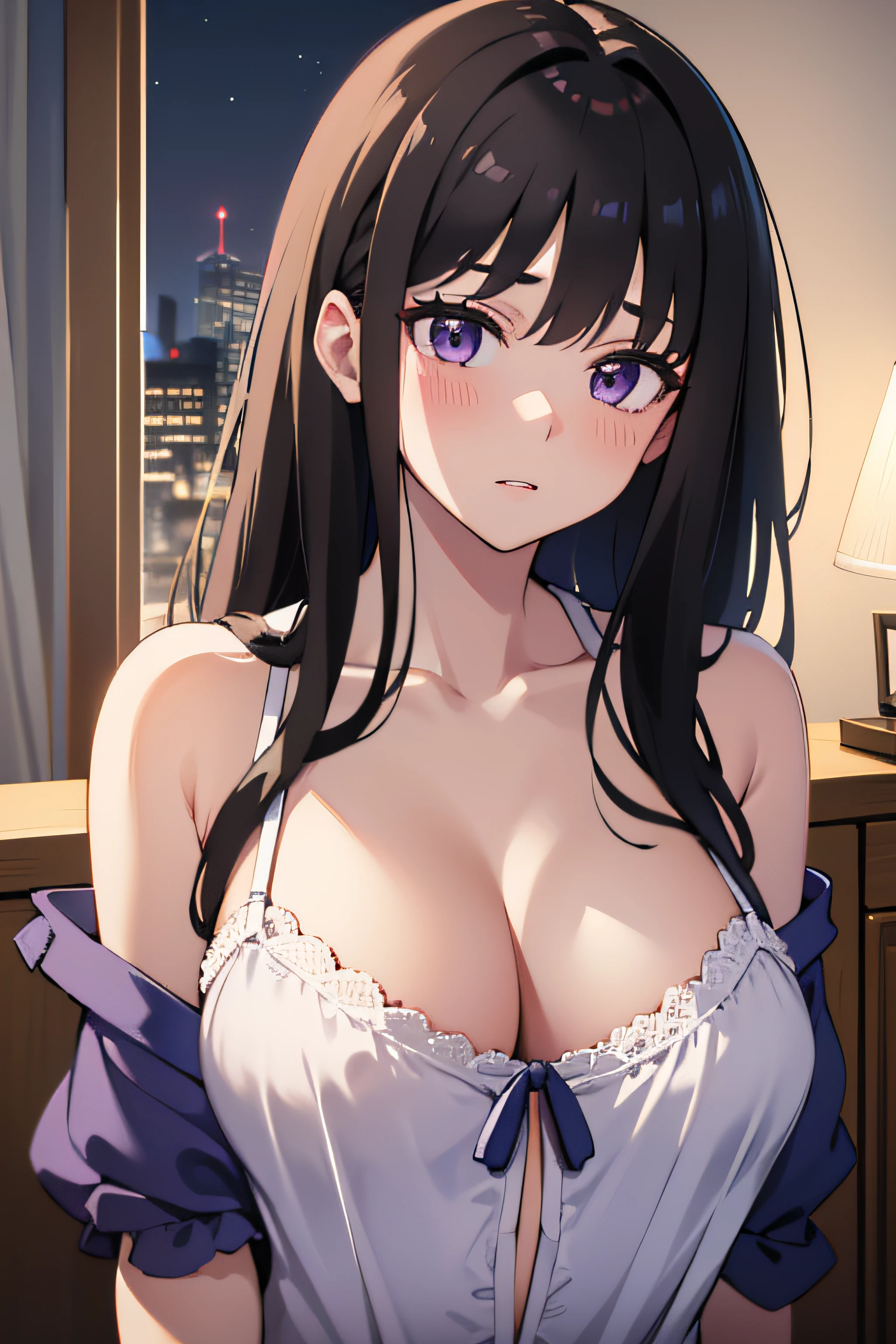 (masterpiece, best quality, highres, UHD, perfect pixel), Inoue Takina, Long hair, Bangs, Black hair, (Purple eyes:1.2), medium breasts, indoor, bedroom, dynamic pose, busty, perfect body, POV, close up, blushing, (cleavage:0.8), nightgown, minimalist shirt, natural light, cinematic, dreamy, night mood, night lamp