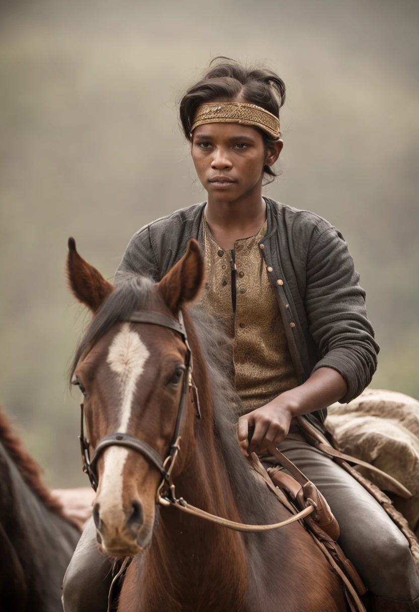 uma imagem de um guerreio jovem andandando a cavalo