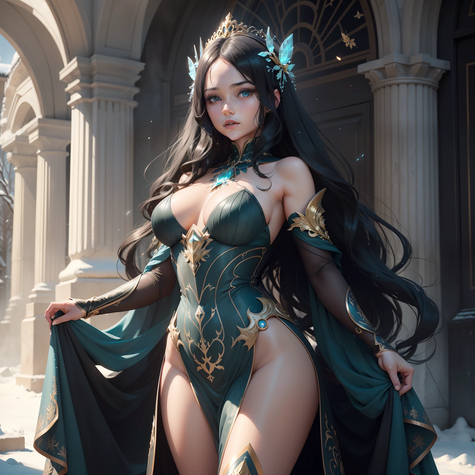 A graceful black-haired winter queen, dew and frost, bar lighting, stands in a sunlit clearing in winter, her braded drill hair cascading down her back, as butterflies and ice crystals flutter around her, hyper-detailed black Chiaroscuro dress and hair, ice-pink blue and yellow butterflies, Beautiful Woman full head-to-toe portrait, medium full shot Portrait, perfect detailed face, detailed symmetric blue-green eyes with circular iris soft natural lighting, symmetrical, natural skin texture, soft lighting, detailed face, photorealism, soft pastel colors sparkling, looking into the camera, frosty snowy background, photorealistic painting, sharp focus, 8k, perfect composition, trending on artstation, award-winning photograph, unreal engine 5, cinematic smooth, intricate detail, studio photo, highly detailed. simple background, gold filigree dress hyper-detail, gesturing to the sun, flowing black gown, nice body, {{full body}}, Davinci, hair with dew and frost, sunlit, sparkles and frost