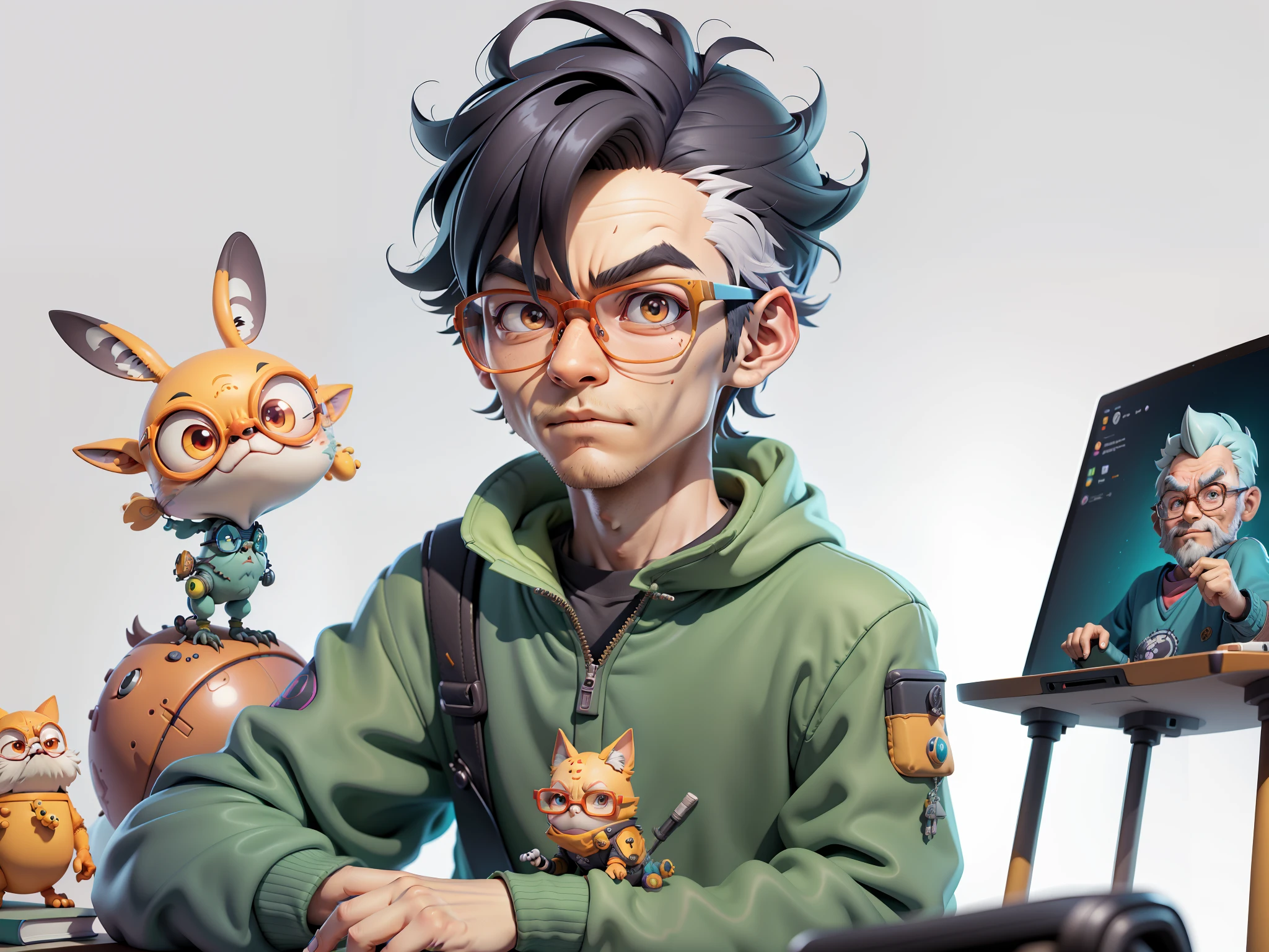 A young man with glasses sits at his desk,holding laptop,digitial painting,3D character design by Mark Clairen and Pixar and Hayao Miyazaki and Akira Toriyama,4K HD illustration,Very detailed facial features and cartoon-style visuals。