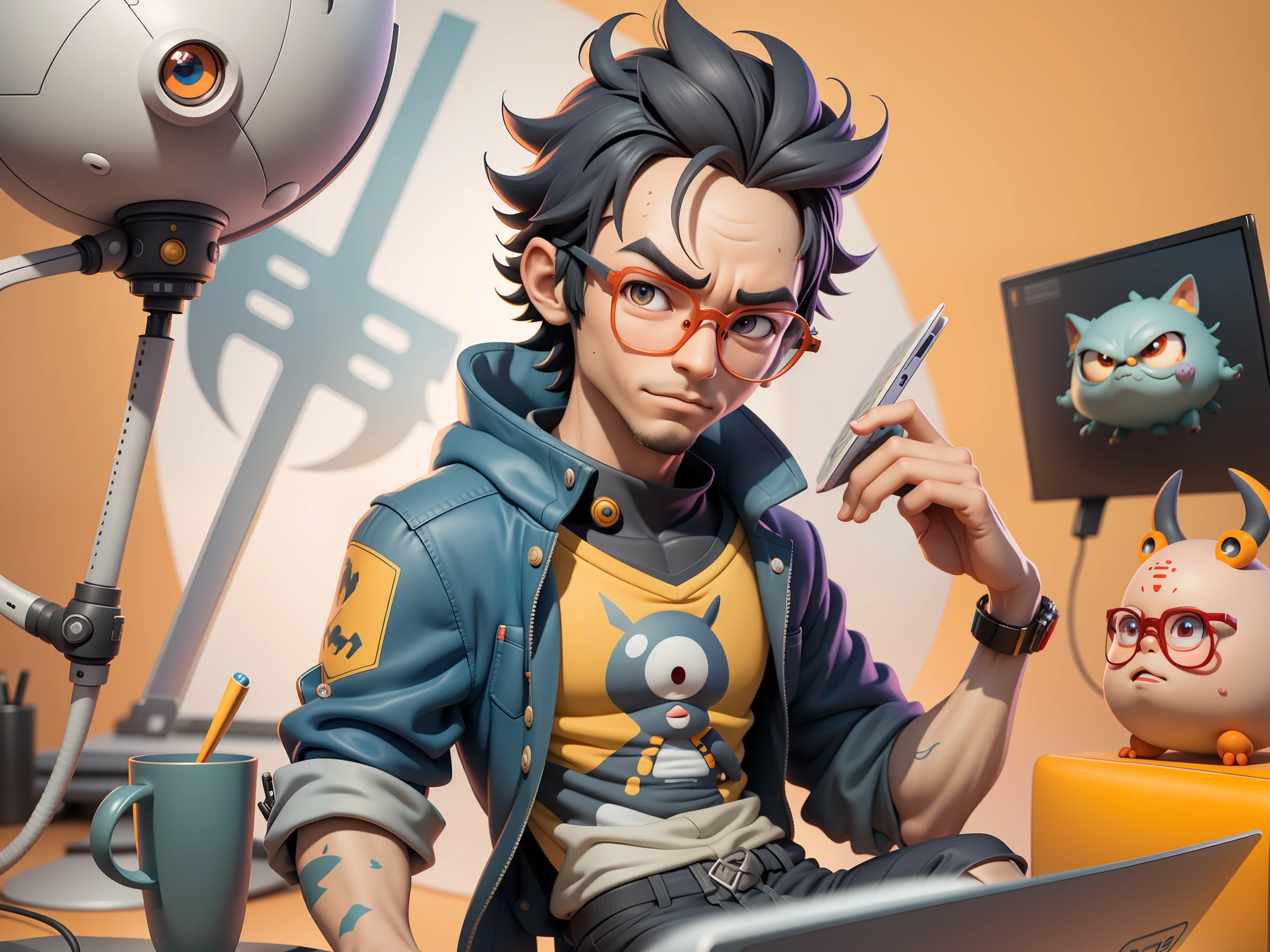 A young man with glasses sits at his desk，holding laptop，digitial painting，3D character design by Mark Clairen and Pixar and Hayao Miyazaki and Akira Toriyama，4K HD illustration，Very detailed facial features and cartoon-style visuals。