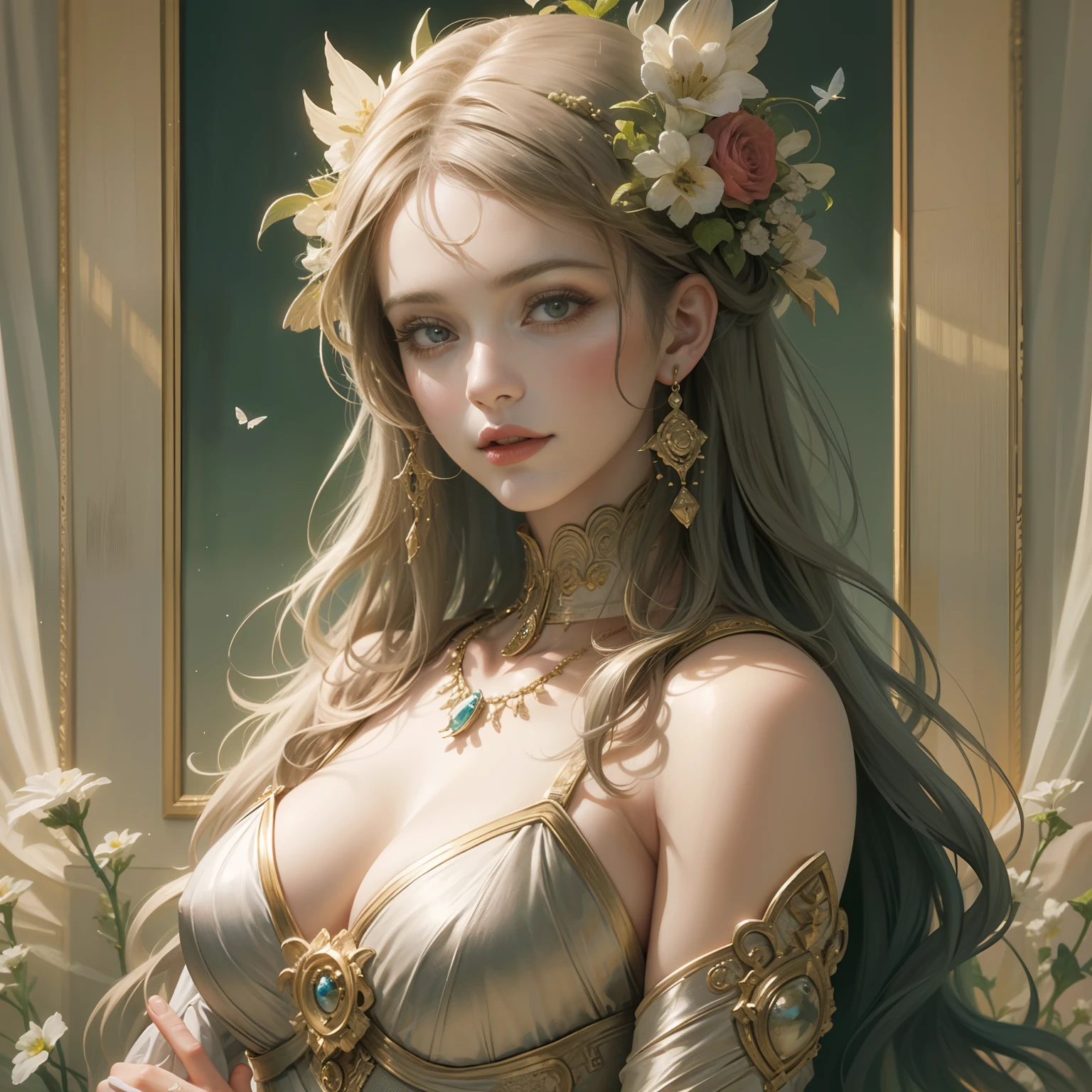 classical aesthetics,Beautiful and meticulous portrayal,High-definition detail,Half-length statue of an ancient beauty,The posture is natural,The details stand out,Flowers, vines, butterflys,lovely lips,Revel in the eyes, Smooth hair,Beautiful face,Ink painting effect,Natural light