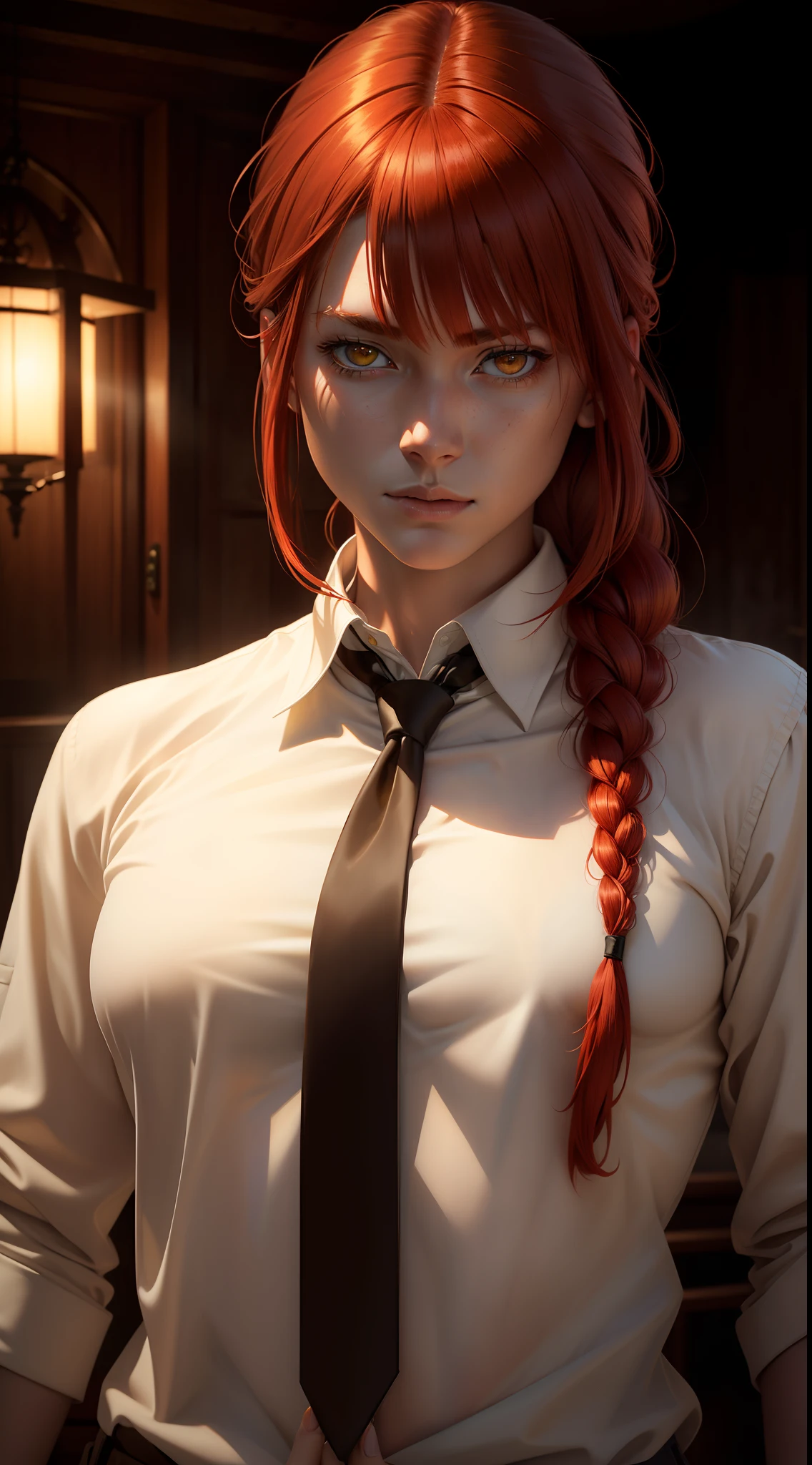 masterpiece, (photorealistic:1.4),(big breast:1,6),best quality, beautiful lighting,

, makima (chainsaw man), (red hair)+(long braided hair)+(bangs), yellow eyes, golden eyes, (ringed eyes), (white shirt), (necktie), 

RAW photo, 8k uhd, film grain